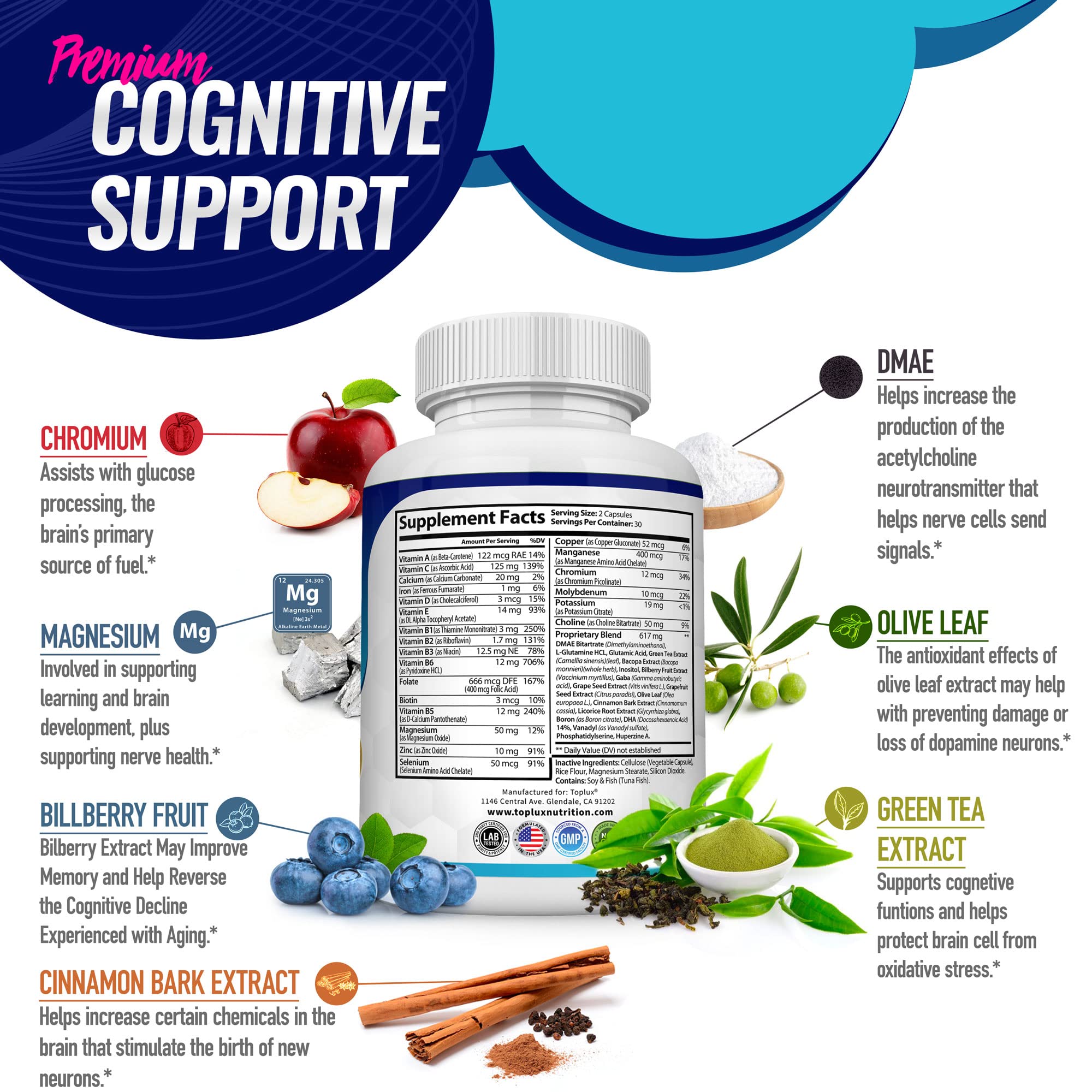Toplux Brain Supplement Nootropic – Brain Pills Vitamin with DMAE, Bacopa Monnieri, L-Gutamine, for Men Women, 60 Capsules, Nutrition Toplux Au supplements