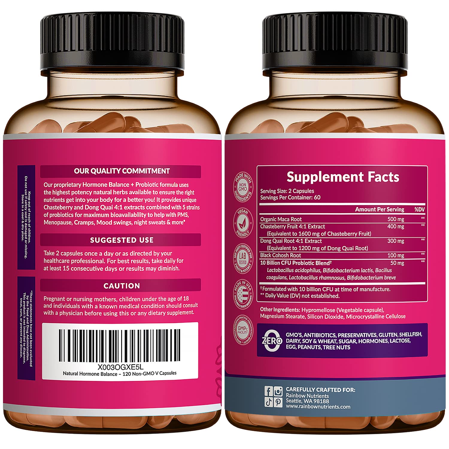 Hormone Balance + Probiotics for Women- Natural Menopause Relief, Weight Management, Bloating, Hot Flashes, PMS | Organic Maca, Chasteberry, Dong Quai & Black Cohosh | Non GMO |120 V Capsules Rainbow Nutrients, LLC Au supplements