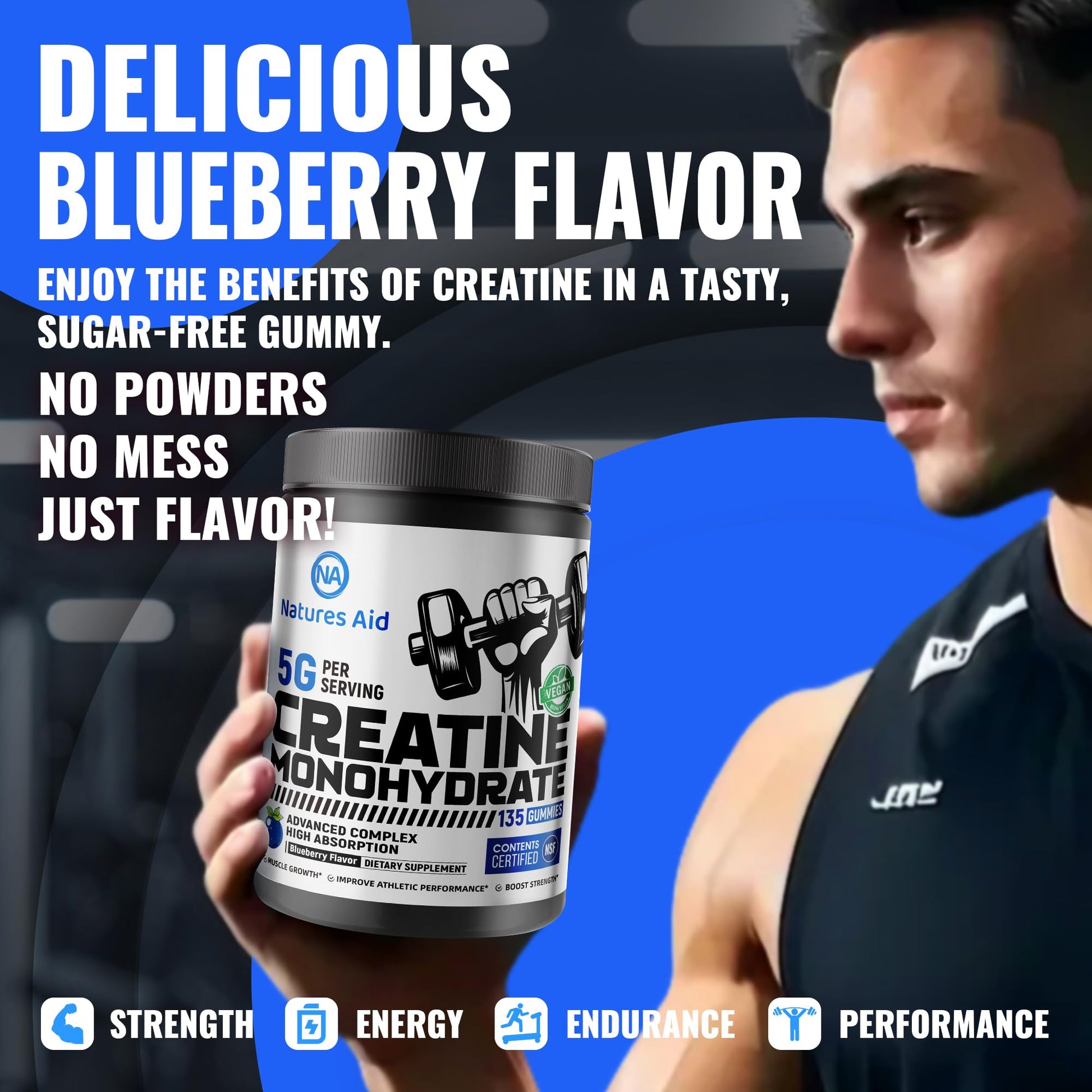 Natures Aid NSF Certified Creatine Gummy 5g - Creatine Monohydrate Gummies – Pre-Workout Energy & Muscle Growth Support for Men & Women | Blueberry Electrolyte Gummies (135 Count) Natures Aid Au supplements