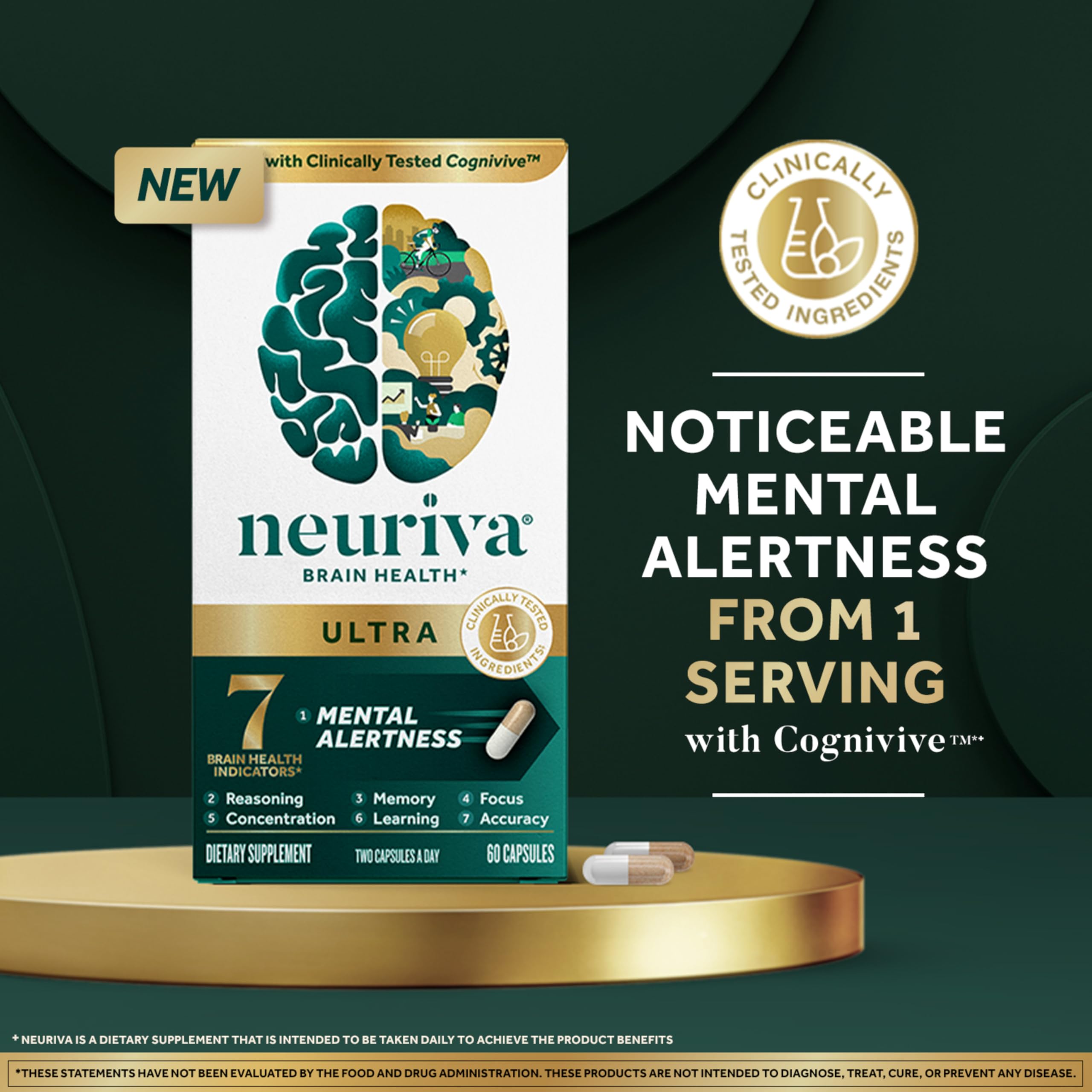 NEURIVA Ultra Decaffeinated Clinically Tested Nootropic Brain Supplement for Mental Alertness, Memory, Focus & Concentration, Cognivive, Neurofactor, Phosphatidylserine, Vitamins B6 B12, 60 Capsules NEURIVA Au supplements