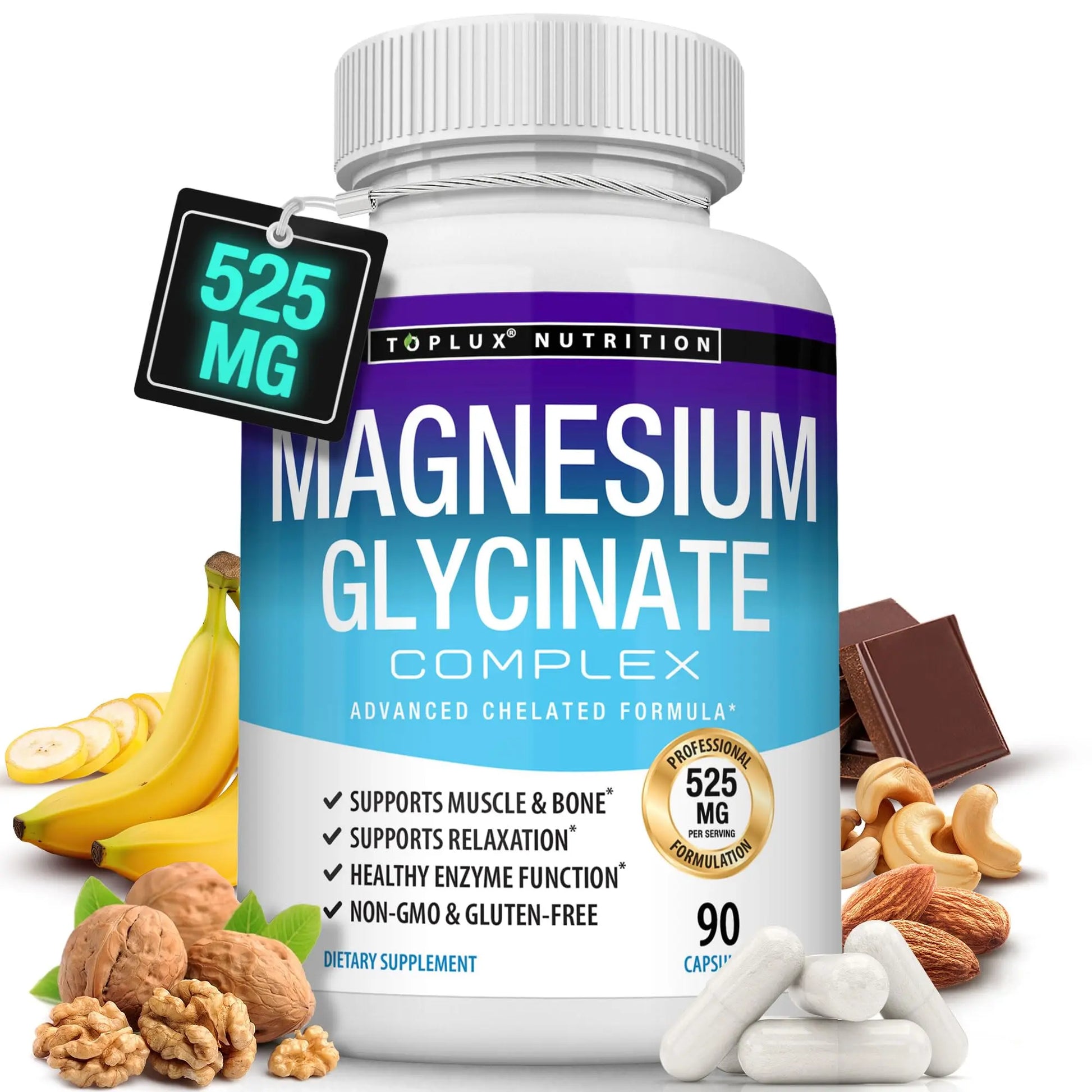 Magnesium Glycinate 525mg - High Absorption Chelated Magnesium Supplement Made with Pure Magnesium Glycinate - Supports Muscles, Sleep, Cramps, Recovery Bisglycinate Complex Vegan Non-GMO 90 Capsules Toplux Au supplements