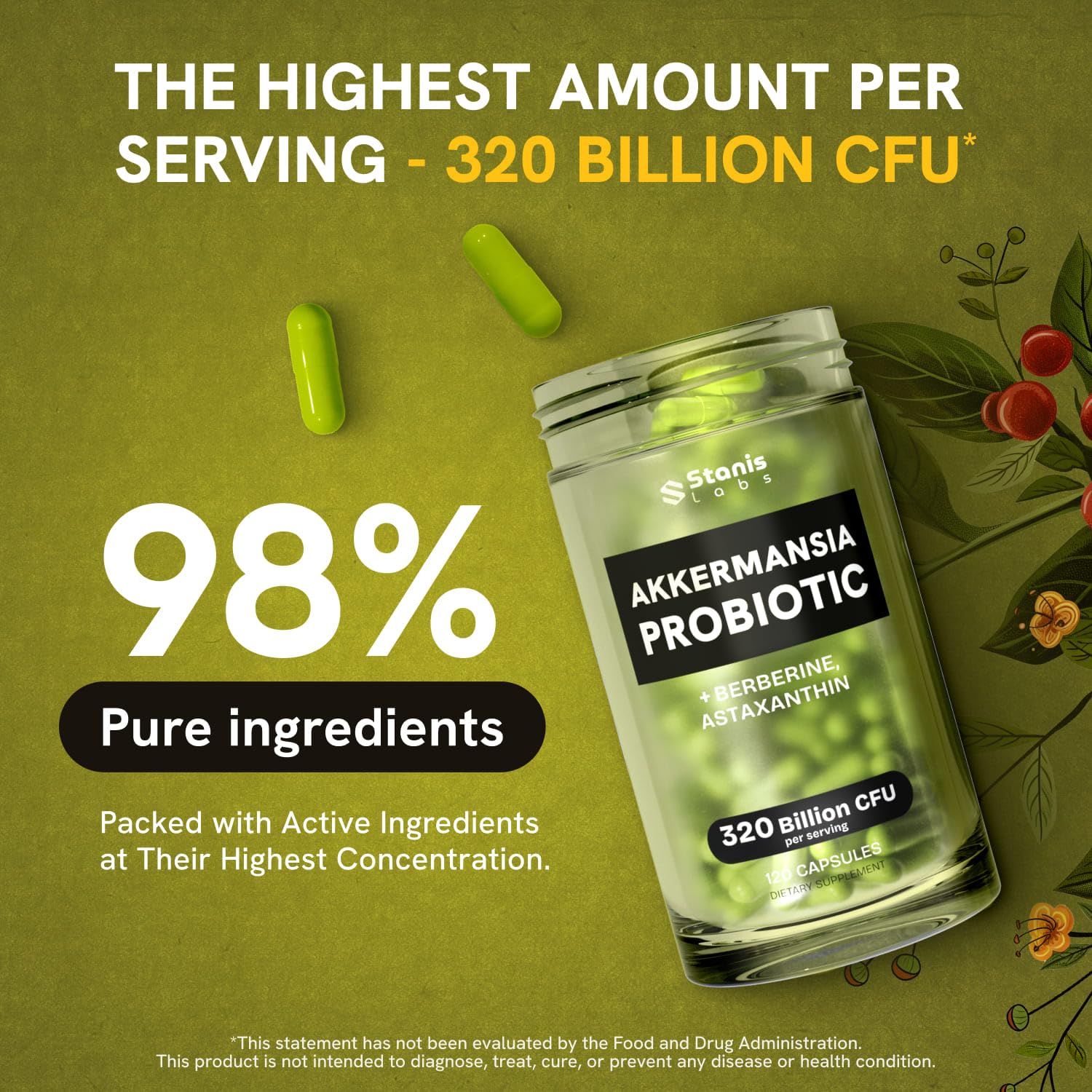 Akkermansia Muciniphila Probiotics 320 Billion CFU| Probiotic and Prebiotic | Akkermansia Probiotics for gut health | Inulin Prebiotic Fiber Capsules Astaxanthin & Berberine & Chromium | 120 capsules Stanis Labs Au supplements