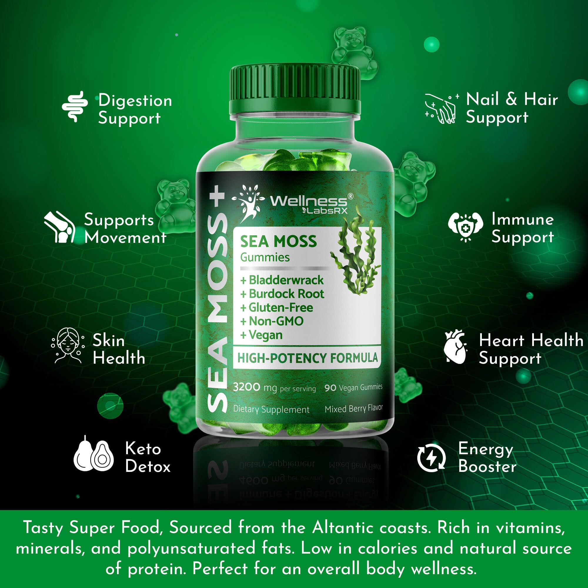 WELLNESS LABSRX Sea Moss Gummies, 3200mg Irish Sea Moss Mixed Berry Flavor with Maximum Potency Bladderwrack and Burdock Root - Supports Skin, Energy and Immunity - 180 Count WELLNESS LABSRX Au supplements