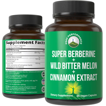 Ultra High Strength 4-in-1 Super Berberine Patented GlucoVantage + Wild Bitter Melon + Cinnamon Extract + Chromium Picolinate Vegan Capsules. Great Supplement to Support After-Meal Spikes and Energy Peak Performance Au supplements
