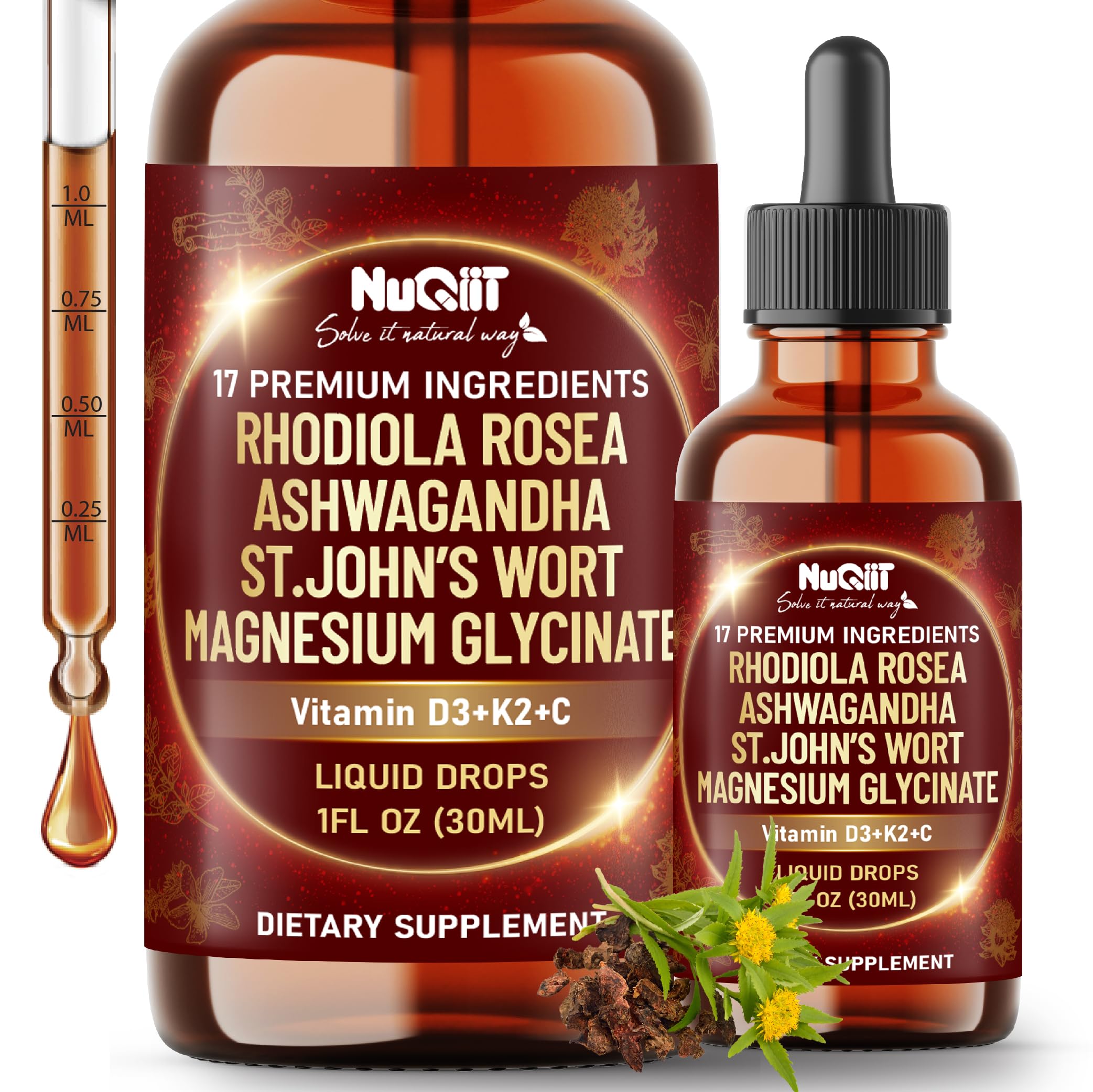 NUQIIT 17in1 Rhodiola Rosea Liquid Drops Tincture w/Ashwagandha Magnesium, L-Theanine. Ultra Rhodiola Cortisol Supplement, Rhodiola Root for Mood, Energy - 1 FL Oz - 60 Day Supply NUQIIT Au supplements