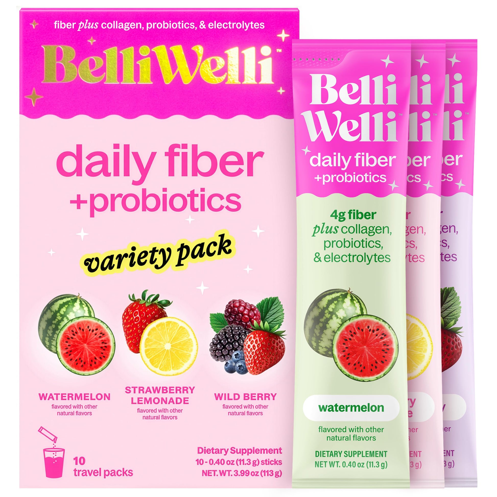 Belli Welli Daily Fiber Supplement Packets with Collagen, Probiotics & Electrolytes | Single Serve Packets for Gut Health, Digestion & Debloating | Variety | 10 Count Belli Welli Au supplements