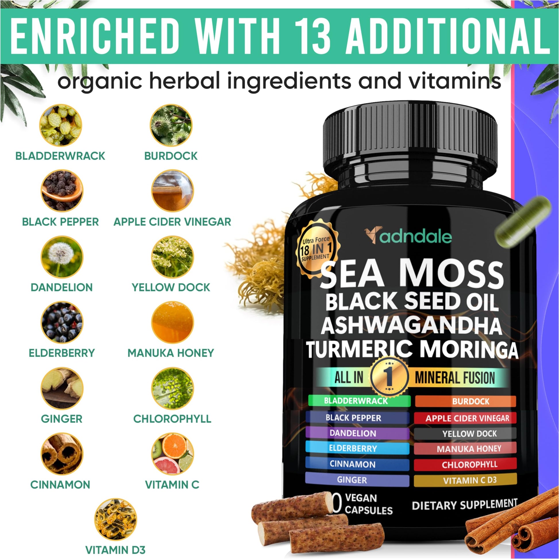 Adndale Sea Moss Capsules - Sea Moss Blend with Ashwagandha, Turmeric & Black Seed Oil - 180 Count Adndale Au supplements