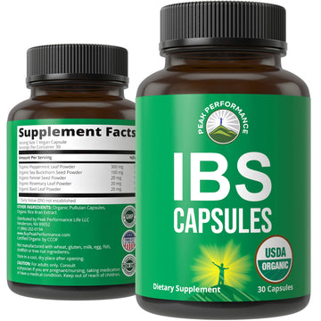 USDA Organic IBS Capsules for Relief, Ingestion, Bloating, Gas. Irritable Bowel Supplement with 5 Handpicked Organic Ingredients. Peppermint Oil, Sea Buckthorn, Fennel Seed, Rosemary Leaf, Basil Leaf Peak Performance Au supplements