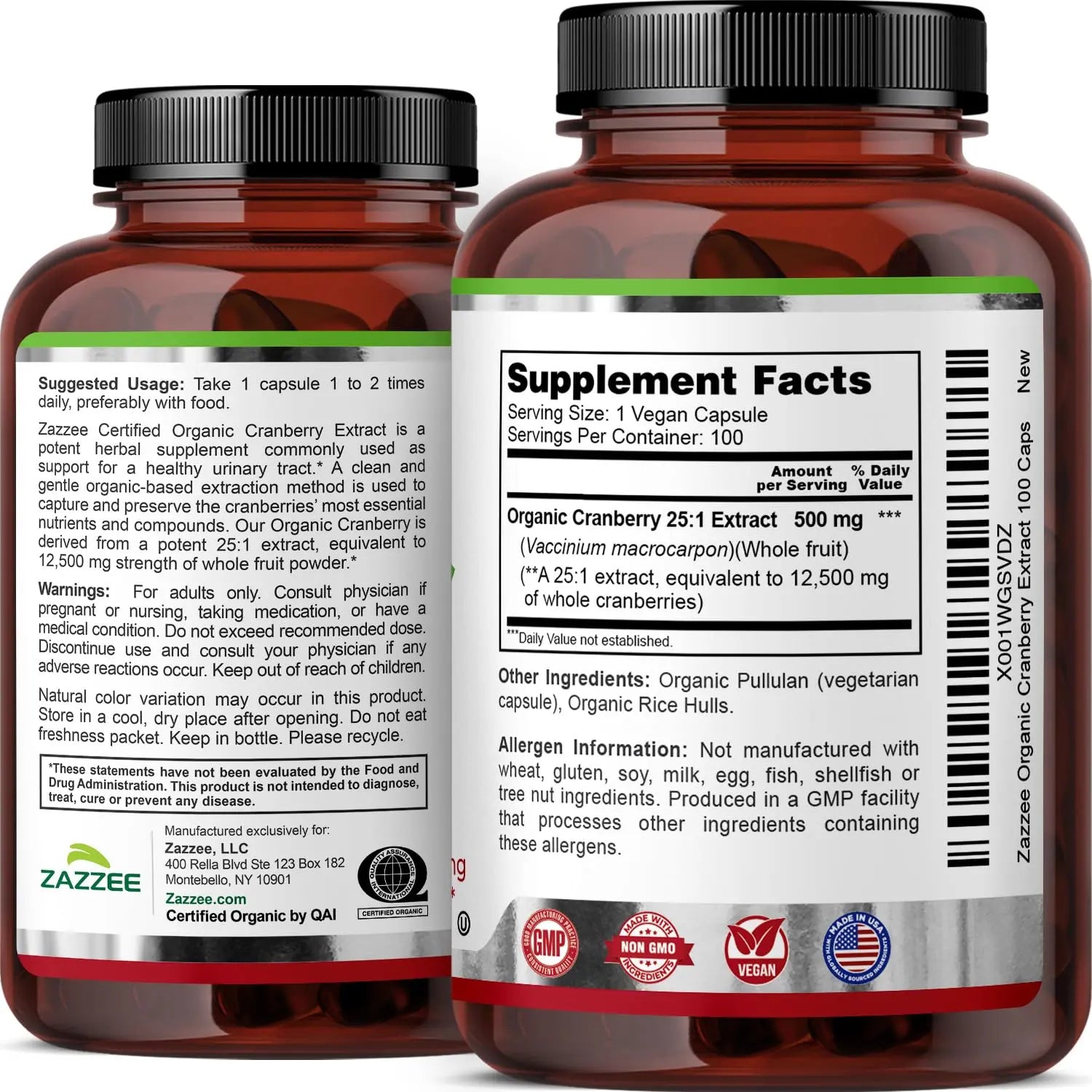 Zazzee USDA Organic Cranberry 25:1 Extract, 500 mg per Capsule, 100 Vegan Capsules, 3+ Month Supply, Certified Kosher, Vaccinium Macrocarpon, Urinary Tract & Bladder Support, Non-GMO, Made in the USA Zazzee Au supplements