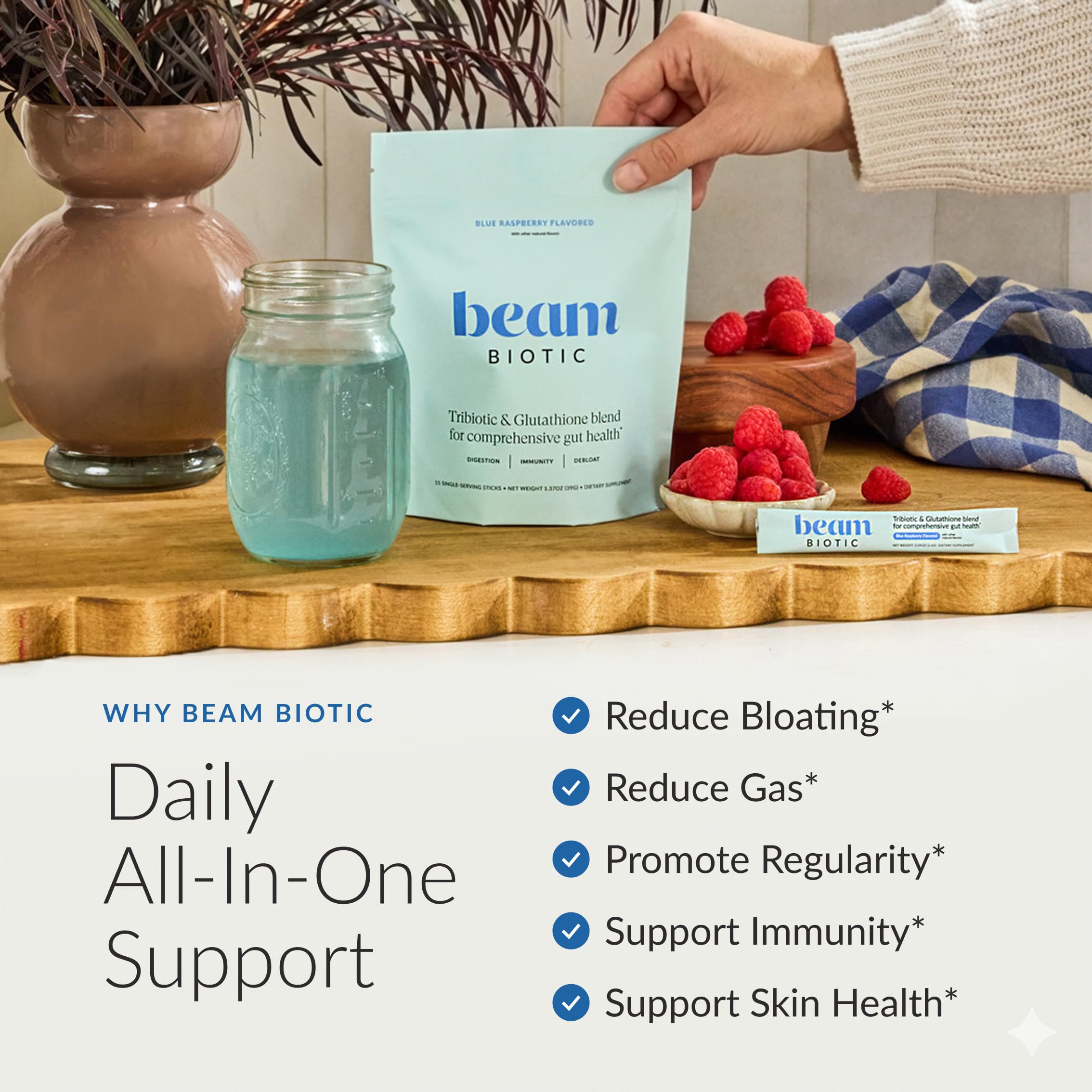 Beam Biotic Probiotics for Women – Gut Health & Digestive Health Powder with Pre, Pro & Postbiotics + Glutathione, Daily Probiotic Drink for Bloating Relief & Gut Balance, 15 Servings, Blue Raspberry Beam Au supplements