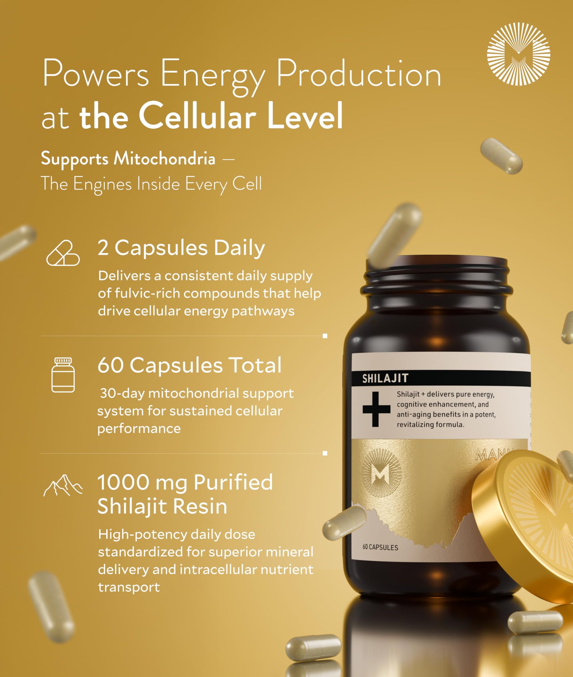 Manna Vitality Shilajit+ Capsules | 1000mg Purified Himalayan Shilajit Resin Supplement | Highest Bioavailability | Energy, Performance, Detox, Vitality, Mental Clarity & Cognitive Support | 60 Count M Manna Au supplements