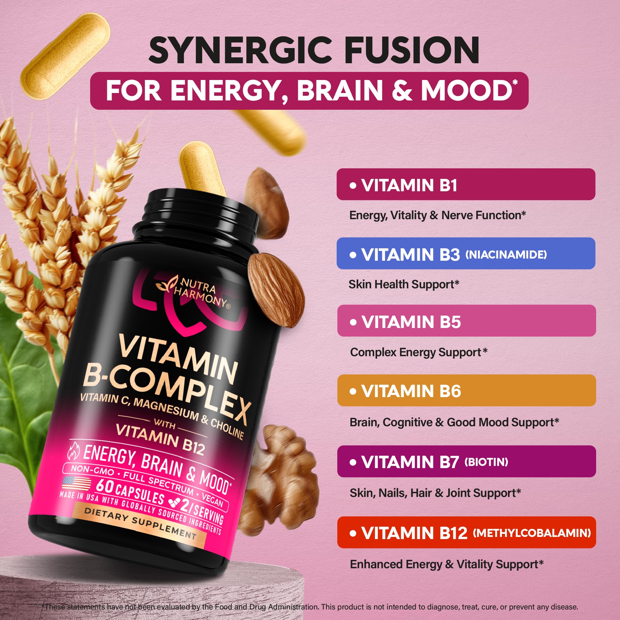 Vitamin B Complex for Men & Women - Riboflavin B2, B12, B1, B3, B5, B6, B7, B8, B9 | Vitamin C, Choline, Inositol - B-Complex Supplement - Energy, Brain & Heart Support - Made in USA, 60 Vegan Caps NUTRAHARMONY Au supplements