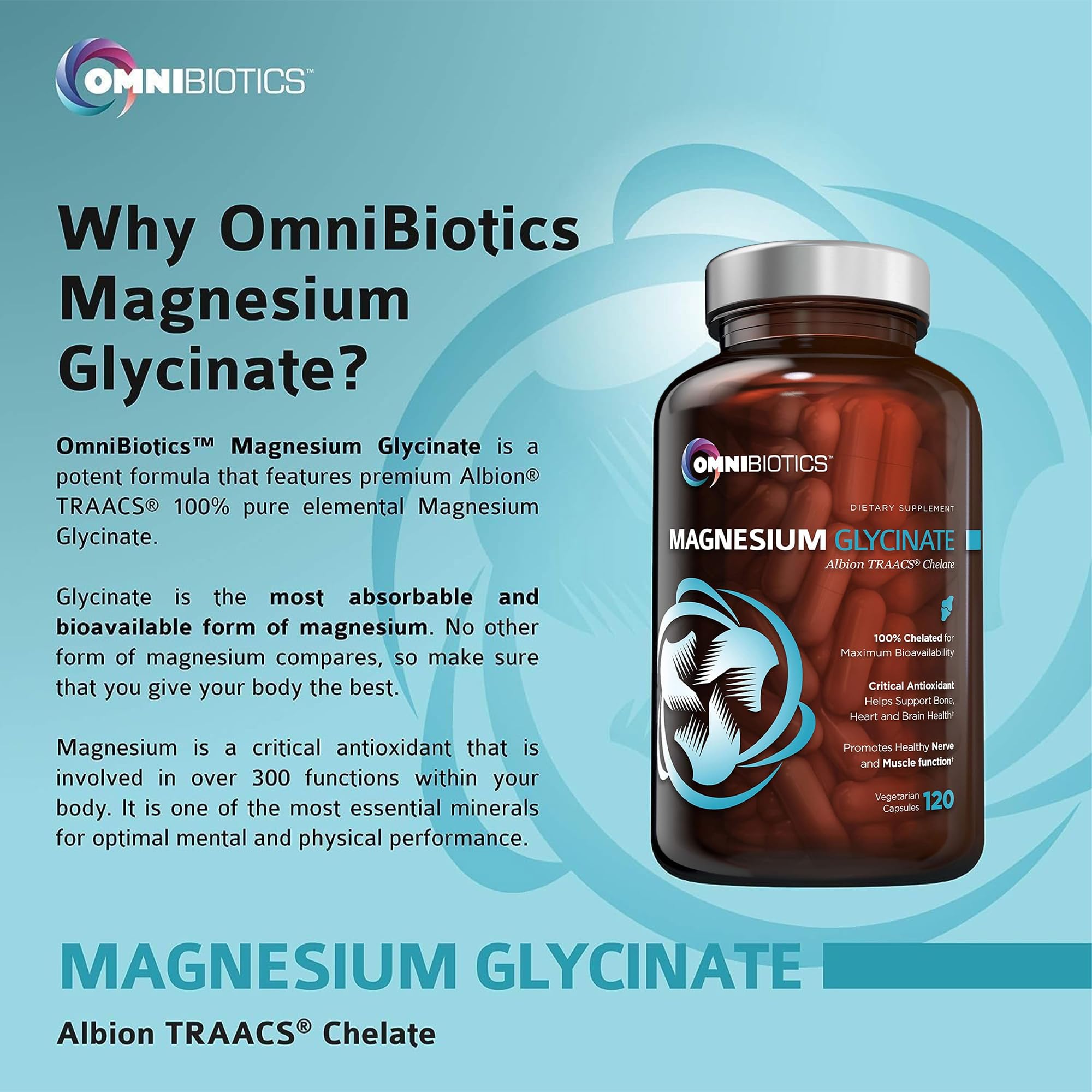 OmniBiotics Magnesium Glycinate Supplement – with 100% Pure Albion TRAACS Bisglycinate Chelate for Sleep, Muscle, Nerve & Heart Health – 120 Vegan Capsules OmniBiotics Au supplements
