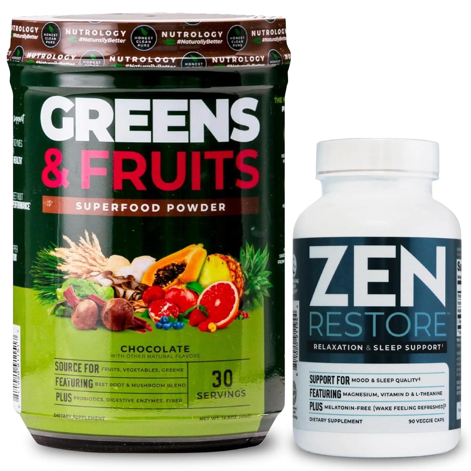Nutrology Greens & Fruits Powder-Naturally Sourced Superfood, Chocolate (30 Servings) Zen Natural Magnesium Supplement (30 Servings) Nutrology Au supplements
