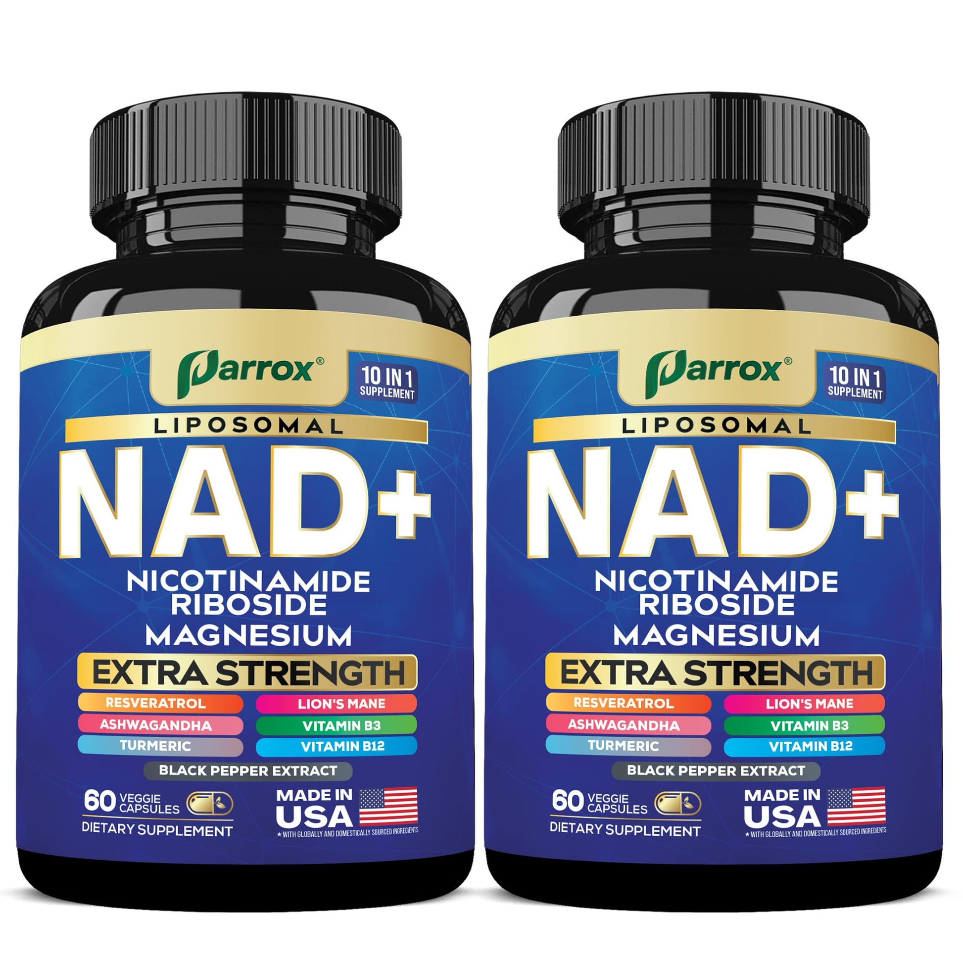 Parrox NAD+ Supplement with Liposomal NAD+, Nicotinamide Riboside, Magnesium, Vitamin B3 & B12, Resveratrol, Turmeric, Ashwagandha, Lion’s Mane,10-in-1 Extra Strength (2 Pack) Parrox Au supplements