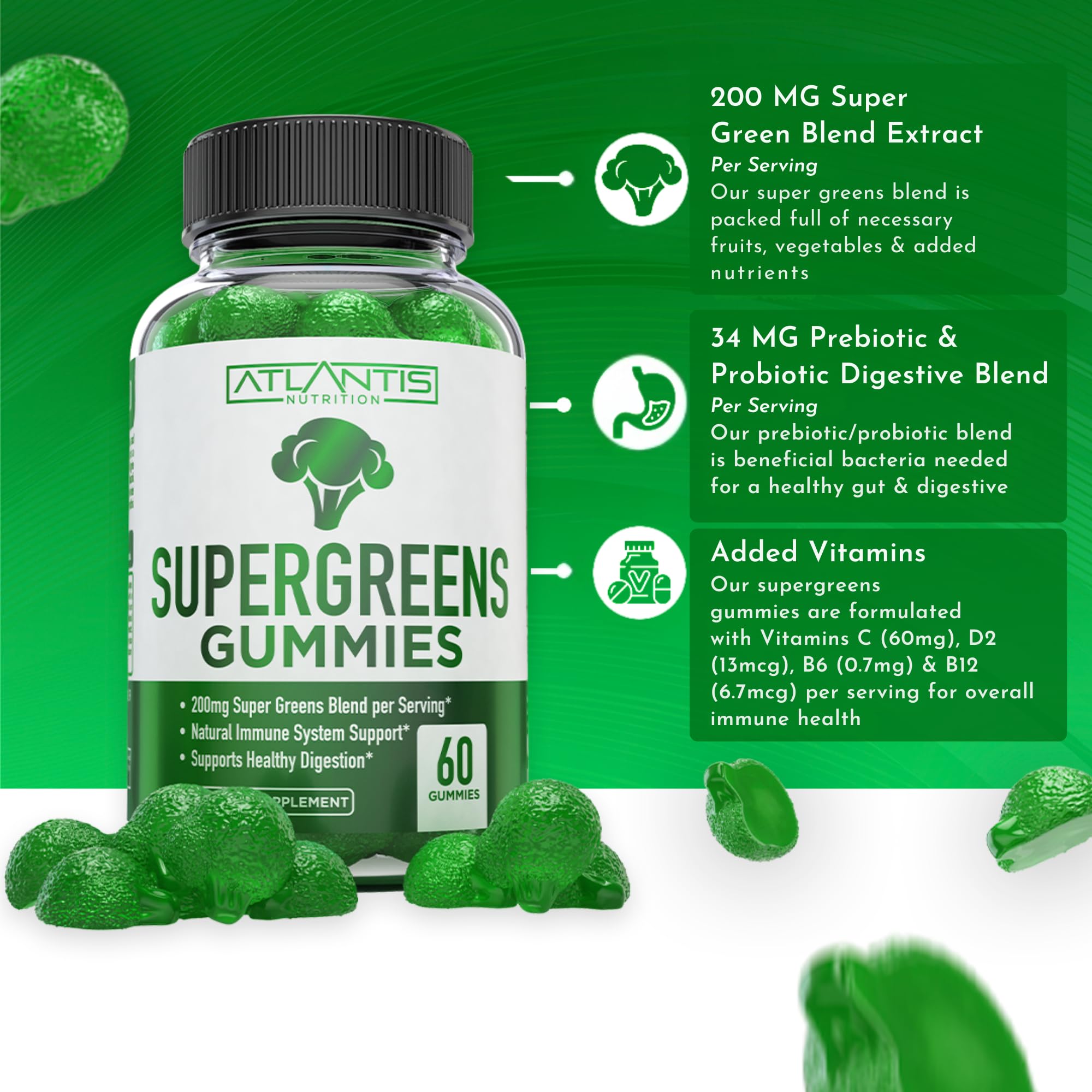 Atlantis Nutrition Supergreens Gummies - Daily Green Superfoods Supplement with Spinach, Broccoli, Moringa, Beet Root, Celery, Green Tea, & Acai for Immunity Support - Natural Raspberry Flavor, 60 cnt Atlantis Nutrition Au supplements