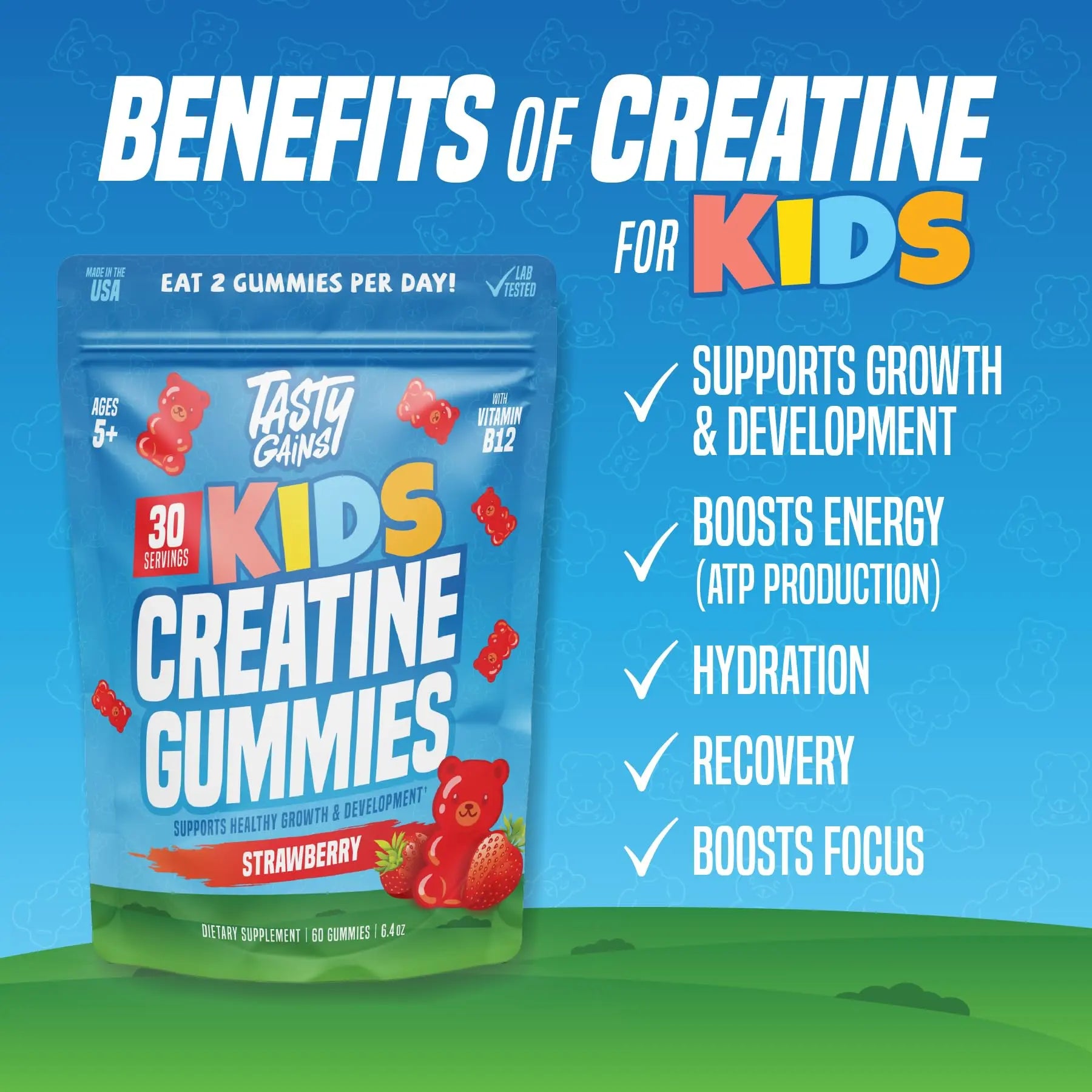 TASTY GAINS Kids & Teen Creatine Gummies with Vitamin B12 for Growth Support, Easy Chew Daily Supplement, Gummy Vitamins for Kids and Teens, Ages 5+ TASTY GAINS Au supplements