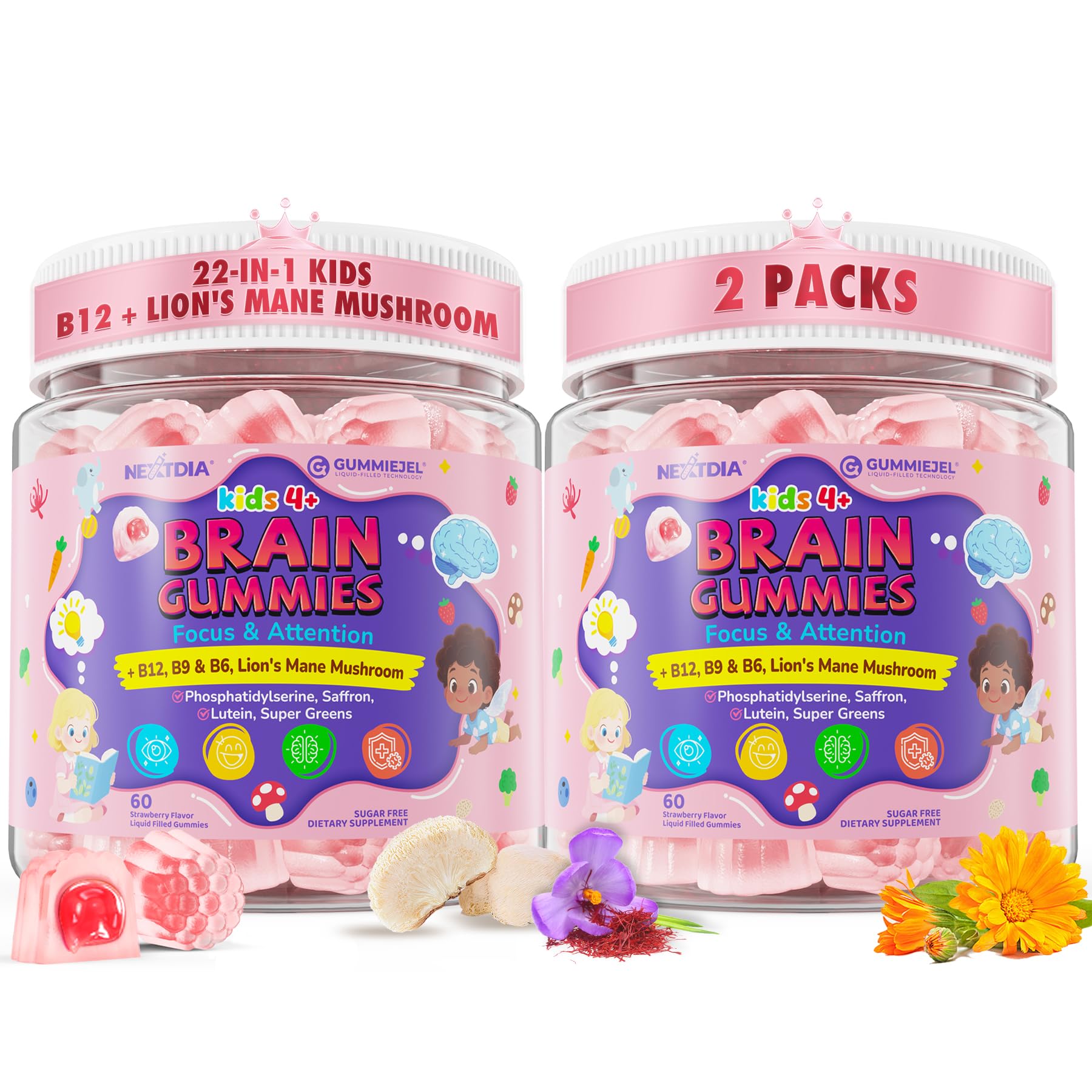 Kids Brain Gummies with Lion's Mane Mushroom, Methyl B6, B9, B12, Supper Greens, Lutein, Brain Booster Supplement for Focus & Attention, Cognitive Function, Vision & Energy, Sugar Free, Vegan 2 Pack Nextdia Au supplements