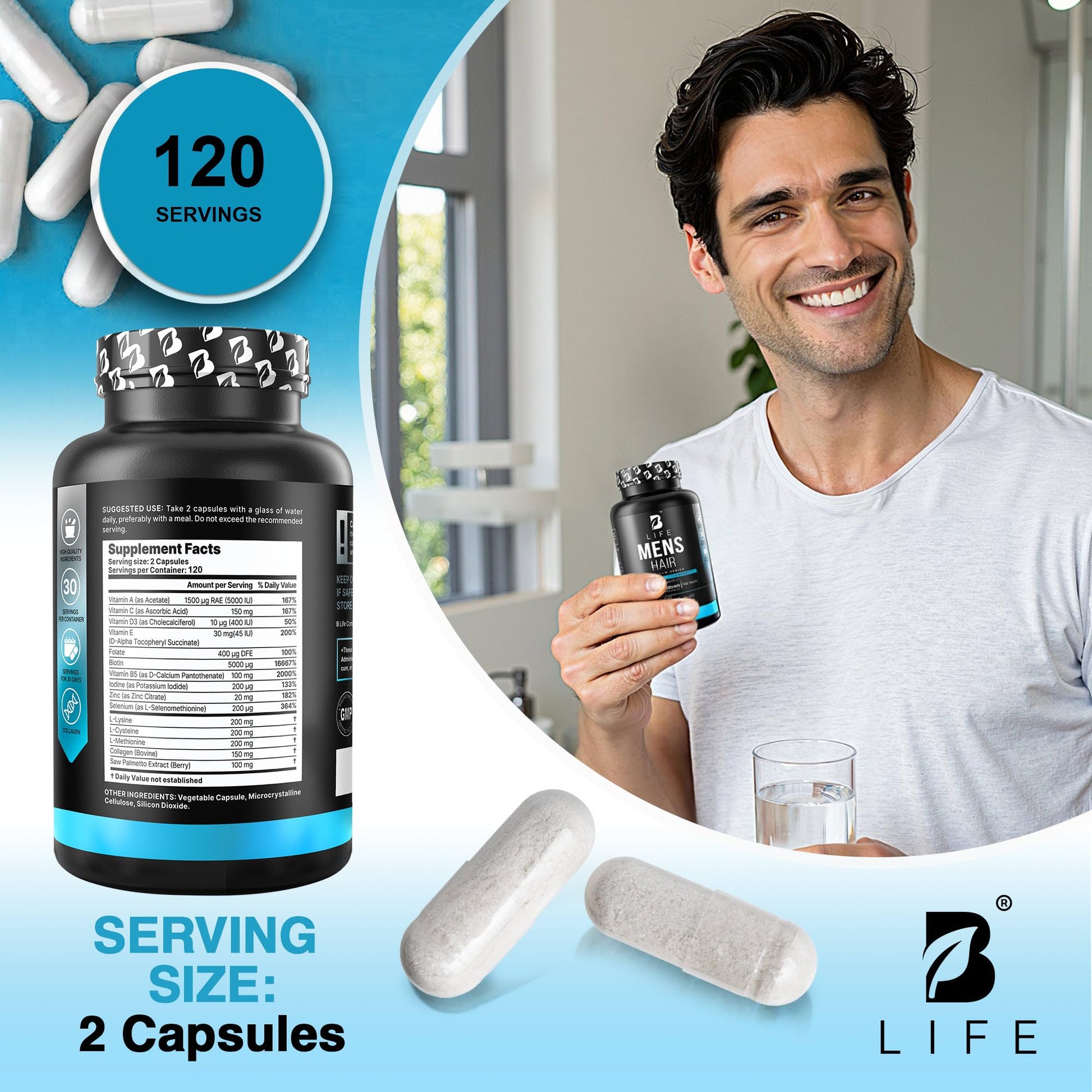 Men’s Hair Growth Supplement – Biotin & Collagen Hair Vitamins for Men – Thicker, Fuller Hair, Nail & Scalp Support – Hair Loss Supplement with Zinc, Selenium & Vitamins A C D E – 240 Capsules B Life Company Au supplements