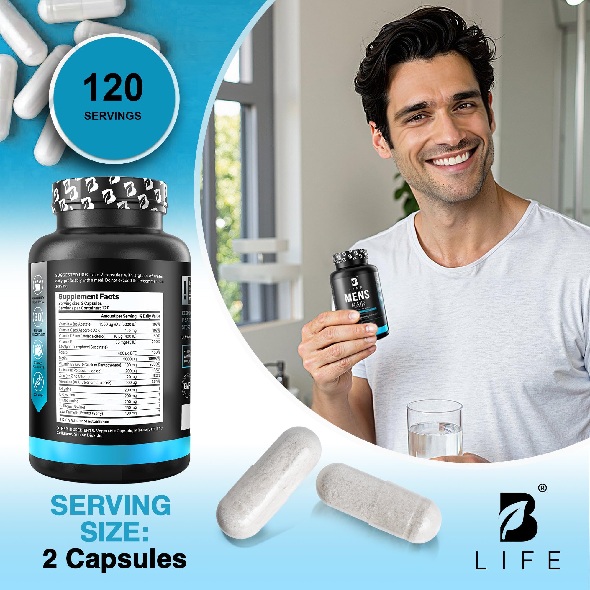 Men’s Hair Growth Supplement – Biotin & Collagen Hair Vitamins for Men – Thicker, Fuller Hair, Nail & Scalp Support – Hair Loss Supplement with Zinc, Selenium & Vitamins A C D E – 240 Capsules B Life Company Au supplements