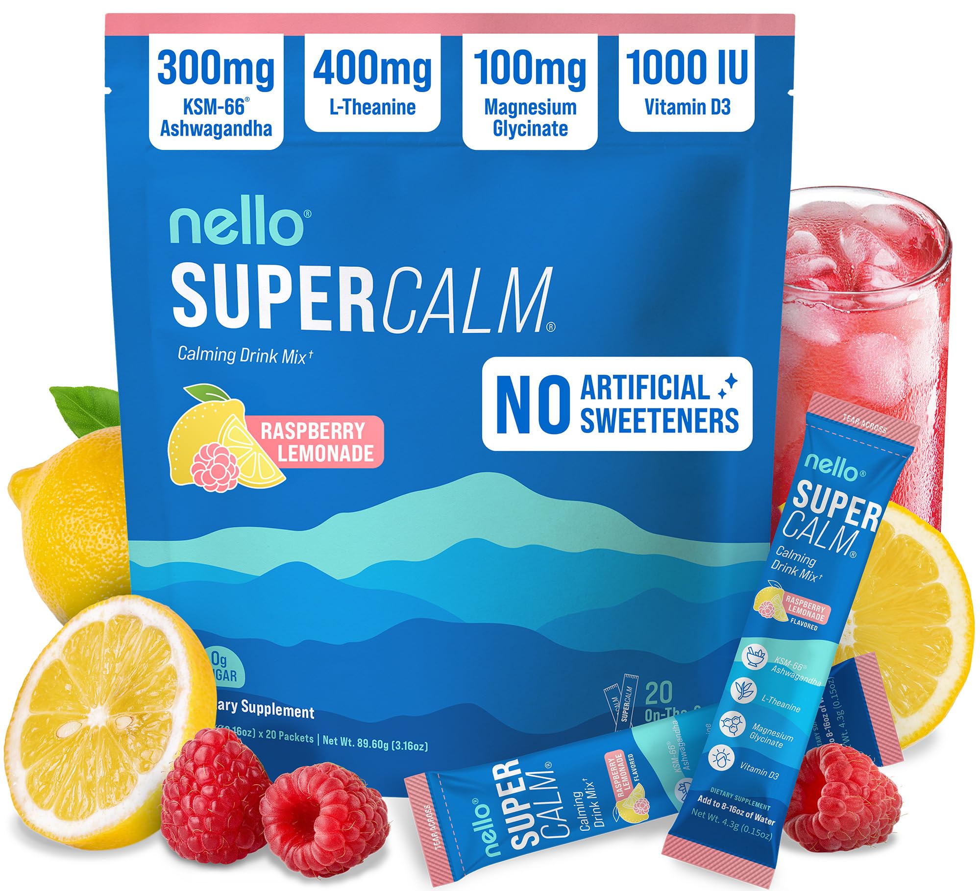 Nello Supercalm Powdered Drink Mix, Cortisol Reducer and Sleep Aid Supplement, L Theanine, Ksm-66 Ashwagandha, Magnesium Glycinate, Vitamin D 3, No Sugar, Non GMO, On The Go, 20 Ct, Raspberry Lemonade Nello Au supplements