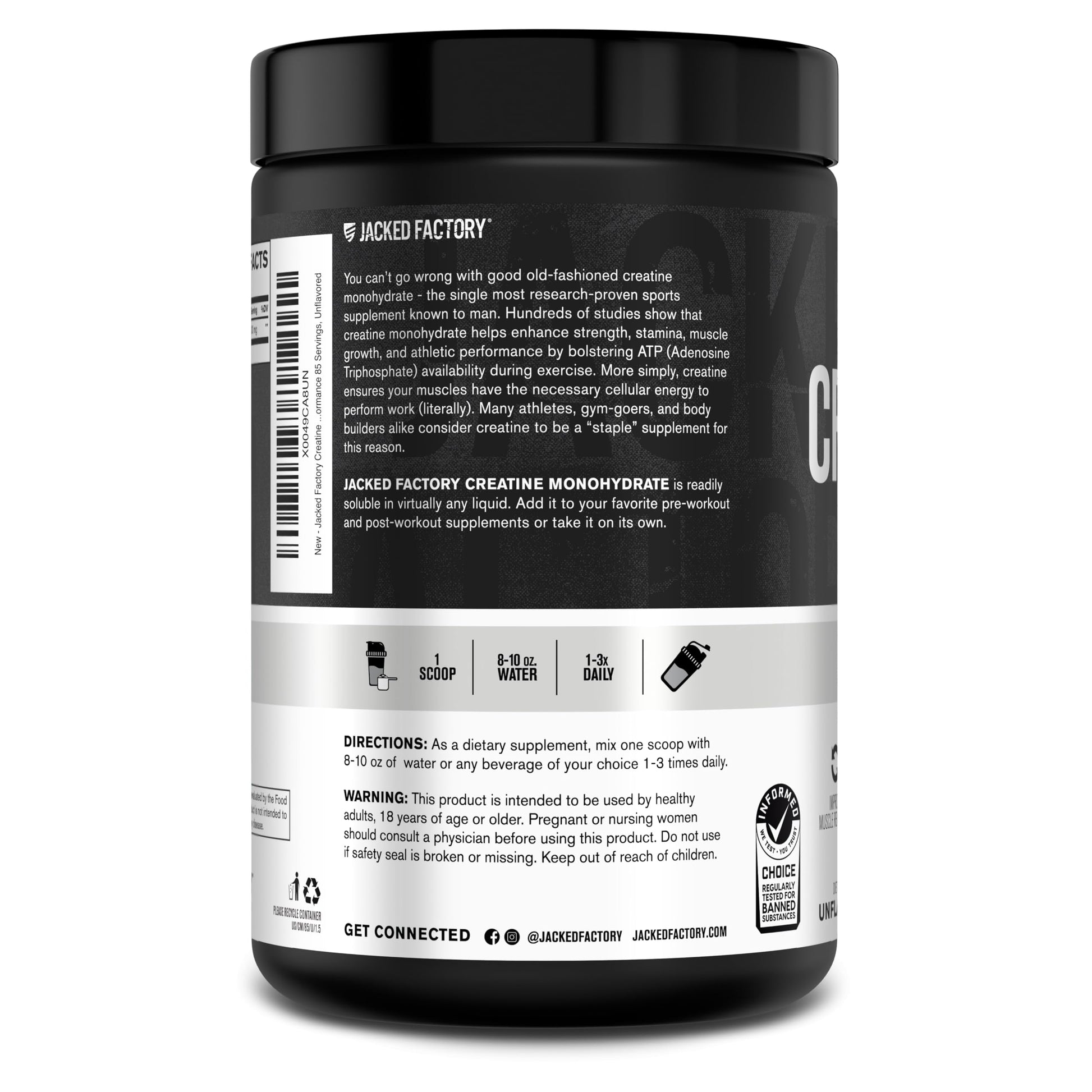 Jacked Factory Creatine Monohydrate Powder 425g - 5g Daily Creatine Supplement for Men and Women, Vegan-Friendly, Third-Party Tested - 85 Servings, Unflavored Jacked Factory Au supplements