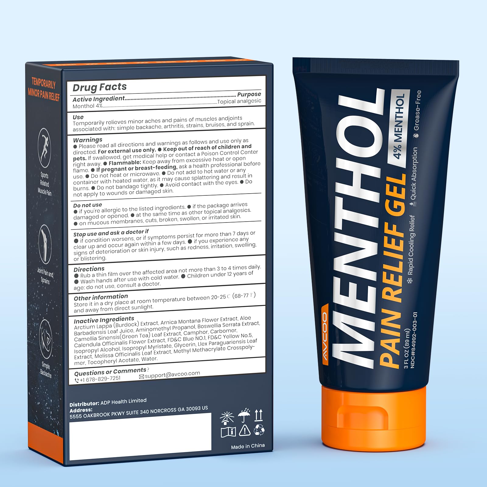 AVCOO 4% Menthol Pain Relief Gel, Cooling Sensation for Arthritis, Knees, Joint, Sore Muscle, Neck, Shoulder and Lower Back Pain Relief, Grease-Free Gel, 2 Packs (3 OZ Per Pack) AVCOO Au supplements