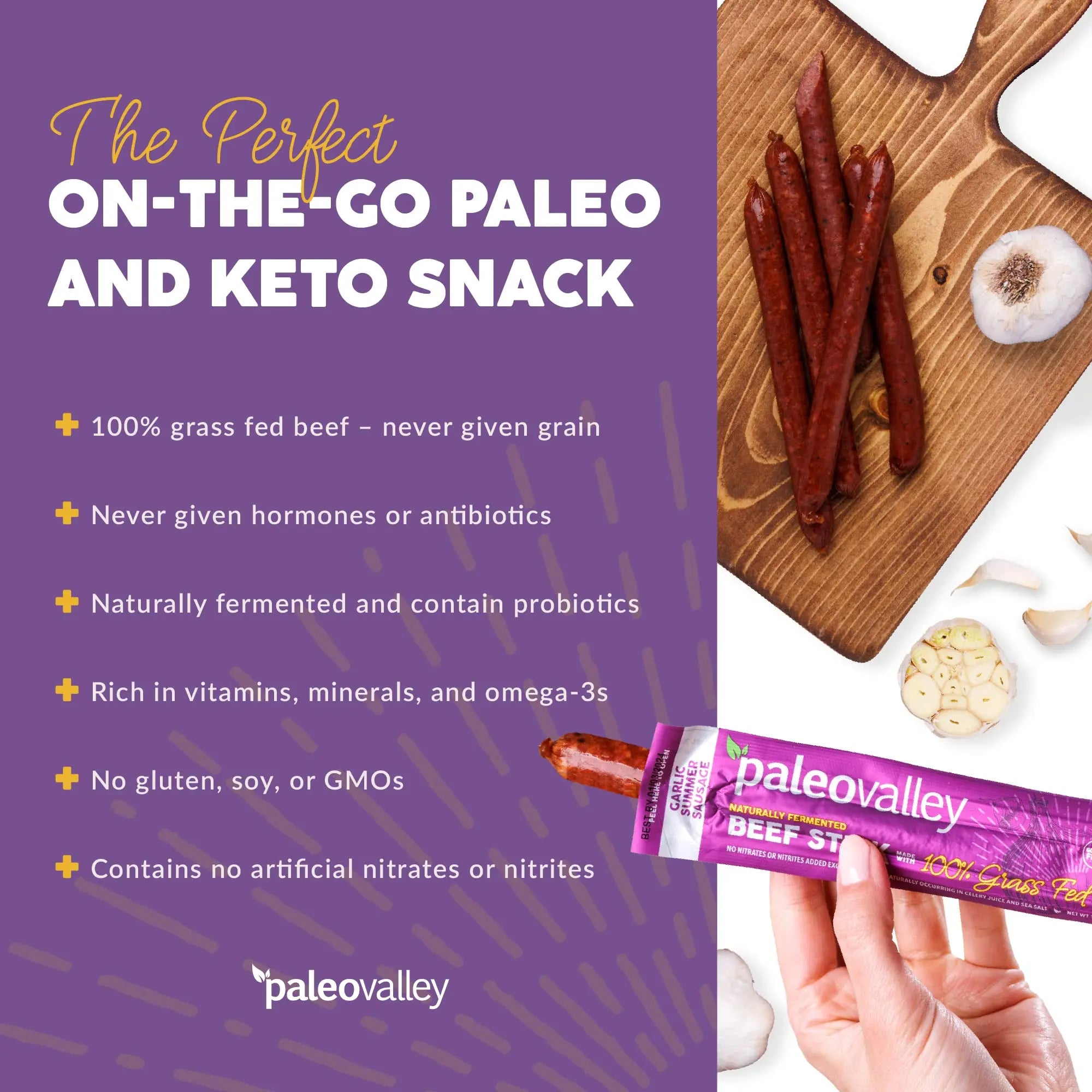 Paleovalley 100% Grass Fed Garlic Summer Sausage Beef Sticks - Delicious Gluten Free Beef Snack - High Protein Keto Friendly Paleovalley Au supplements