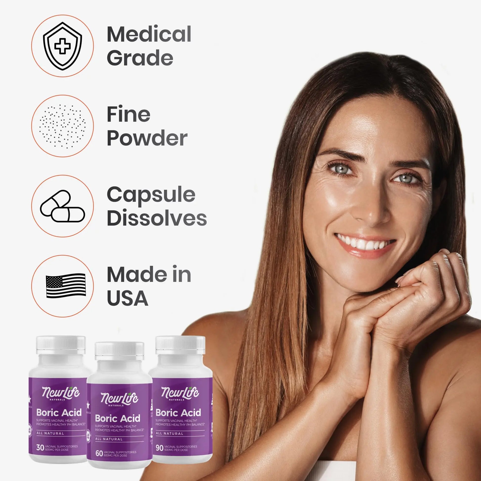 NewLife Naturals - Boric Acid Suppositories for Women pH Balance Pills - 600mg - Feminine Care - Vaginal Odor Itching Discharge BV | Made in USA | 30 Capsules NewLife Naturals Au supplements