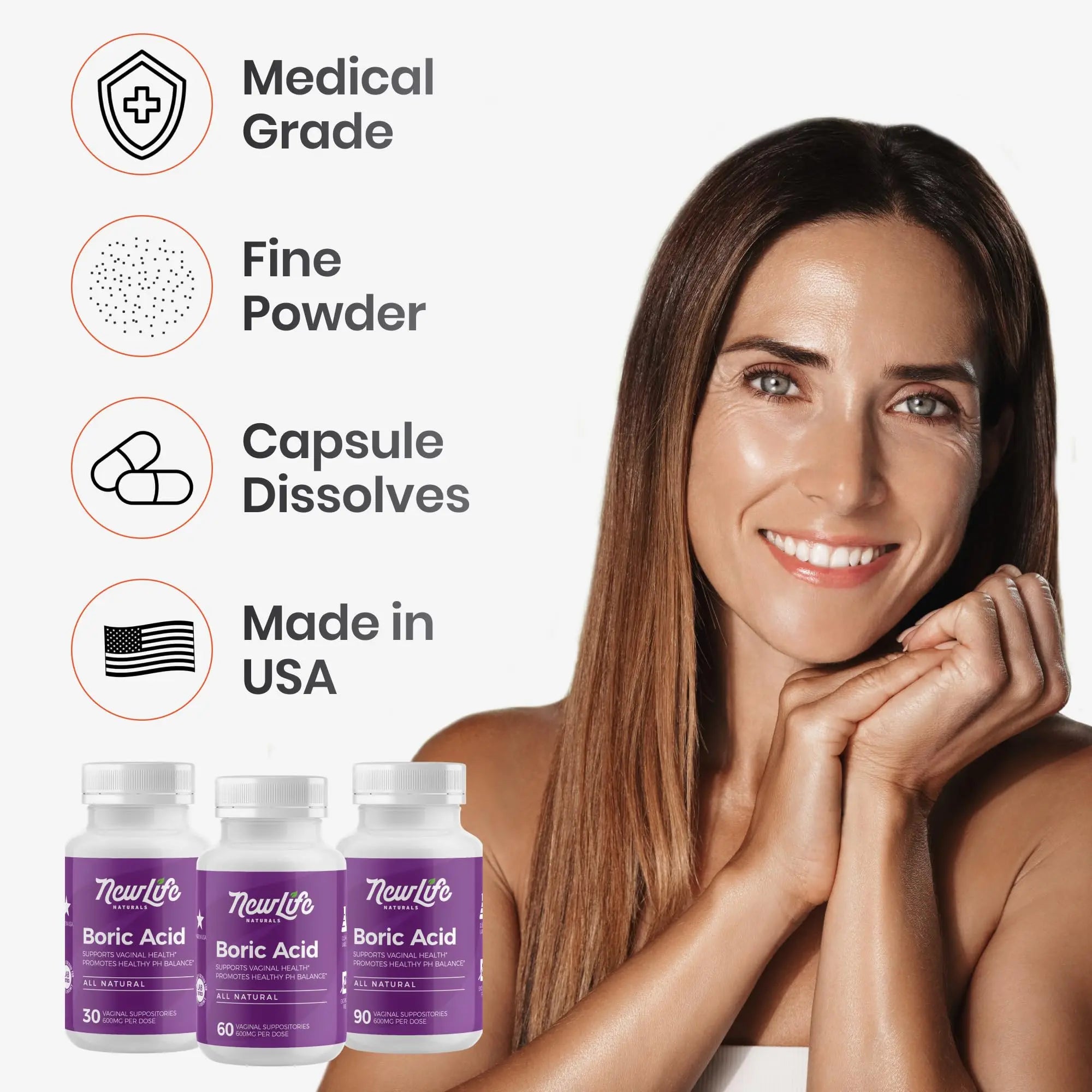 NewLife Naturals - Boric Acid Suppositories for Women pH Balance Pills - 600mg - Feminine Care - Vaginal Odor Itching Discharge BV | Made in USA | 30 Capsules NewLife Naturals Au supplements