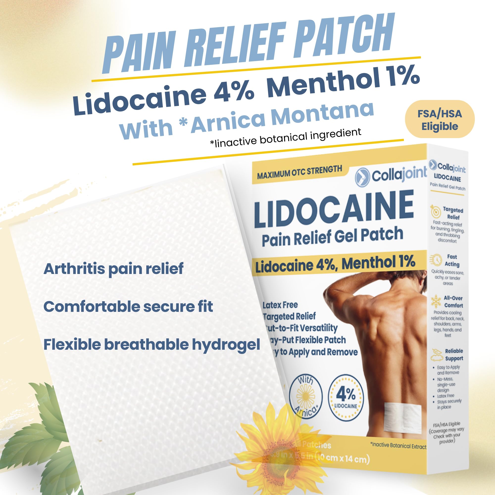 Collajoint Maximum-Strength Lidocaine 4% & Menthol 1% Hydrogel Pain Relief Patch with Arnica Montana Flower Extract-Temporary Numbing & Cooling Relief for Sore Muscles, Stiff Joints & Arthritis Collajoint Au supplements