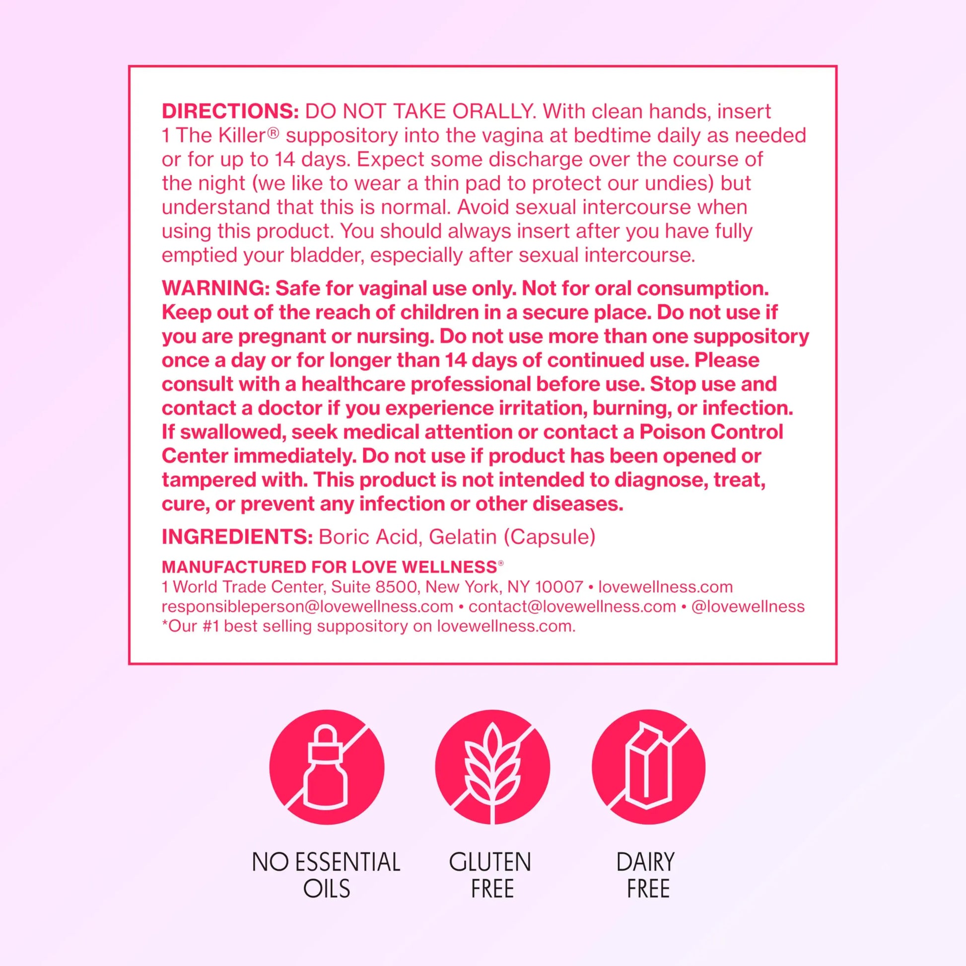 Love Wellness The Killer | Boric Acid Vaginal Suppositories | Balances pH & Supports Odor Control, a Healthy Vaginal Balance and Environment | Fast-Acting & Fragrance-Free | Gentle & Effective | 14 Ct Love Wellness Au supplements