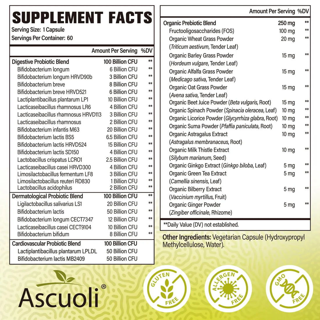 Ascuoli Probiotics for Women & Men - 300 Billion CFU, 24 Strains Probiotics + 15 Organic Herbs Blend, Daily Probiotic for Digestive Health, Ascuoli uk supplements