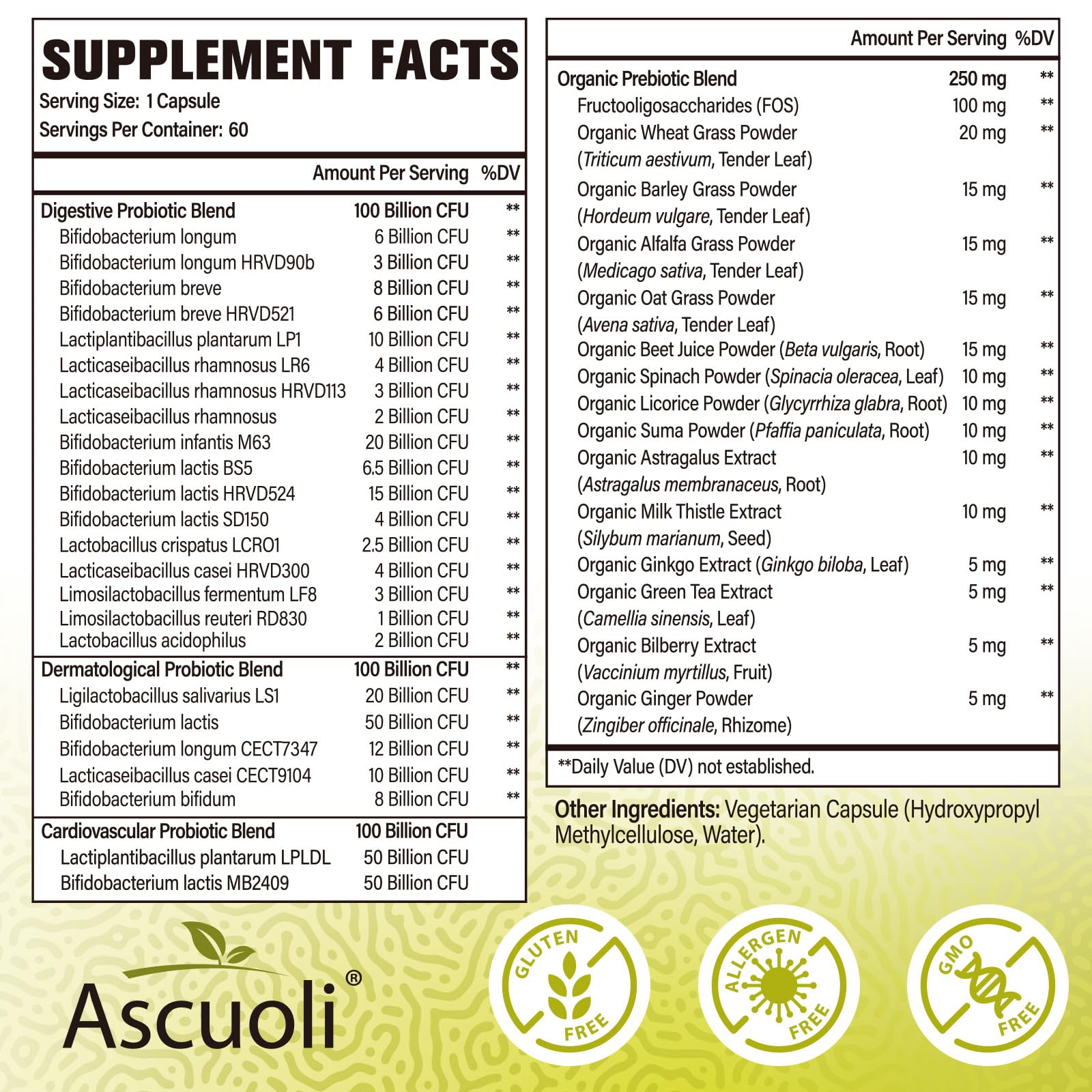 Ascuoli Probiotics for Women & Men - 300 Billion CFU, 24 Strains Probiotics + 15 Organic Herbs Blend, Daily Probiotic for Digestive Health, Immune, Gut, Bloating - 60 Capsule Ascuoli Au supplements