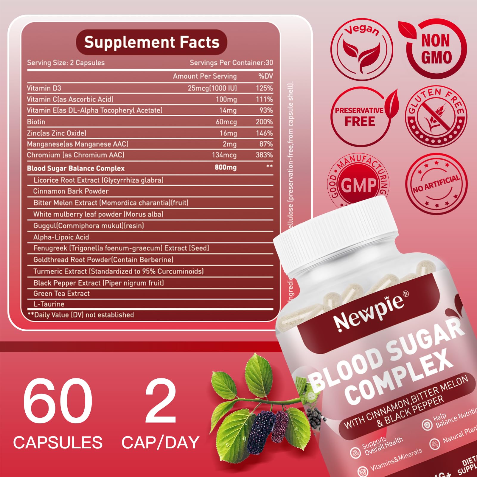 Blood Sugar Complex Supplement – Natural with 20 Active Herbs and Vitamins, Including Cinnamon, Bitter Melon, Black Pepper, Licorice, Vegan, Non-GMO, Gluten-Free, 60 Capsules HOWEEJET Au supplements
