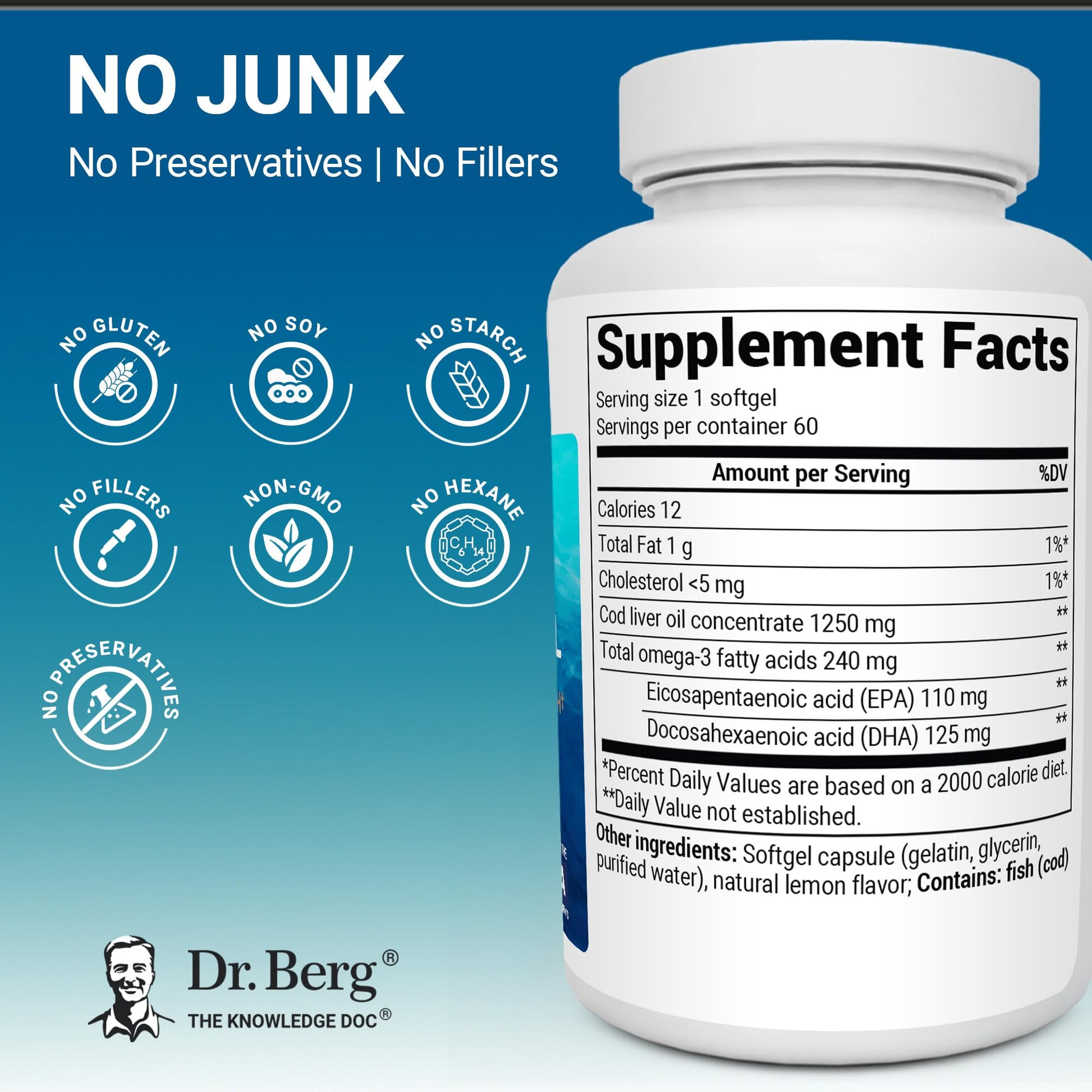 Dr. Berg Omega-3 Cod Liver Fish Oil 60 Softgels – Wild-Caught Icelandic Cod – Omega 3 EPA & DHA – Heart, Brain, Immune & Eye Support* – Lemon Flavor – 4X Lab-Tested – Non-GMO, No Fillers Dr. Berg Nutritionals Au supplements