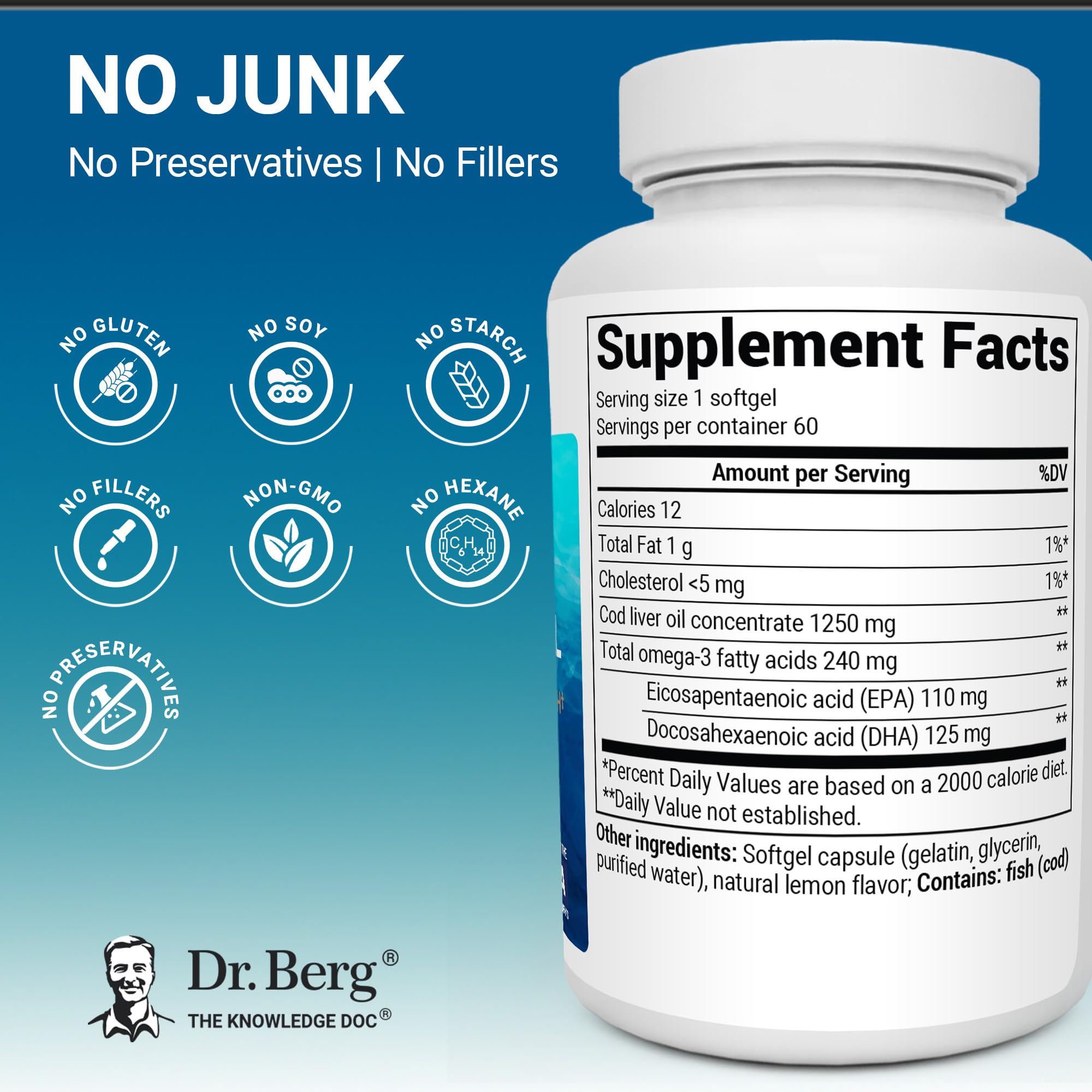 Dr. Berg Omega-3 Cod Liver Fish Oil 60 Softgels – Wild-Caught Icelandic Cod – Omega 3 EPA & DHA – Heart, Brain, Immune & Eye Support* – Lemon Flavor – 4X Lab-Tested – Non-GMO, No Fillers Dr. Berg Nutritionals Au supplements