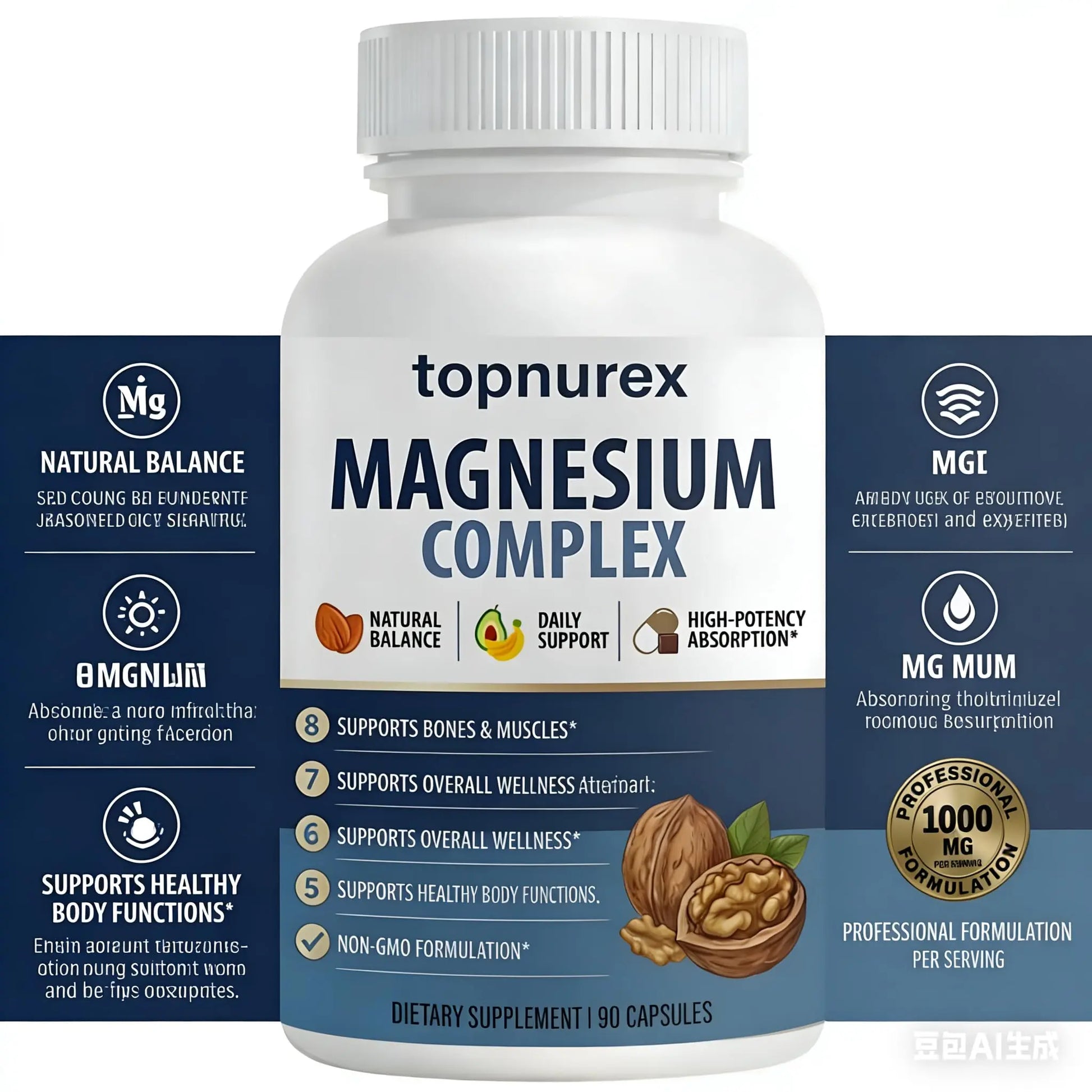 Topnurex Magnesium Complex for Women & Men - 1000mg High Absorption, 8 Essential Magnesium, 90 Capsules Topnurex Au supplements