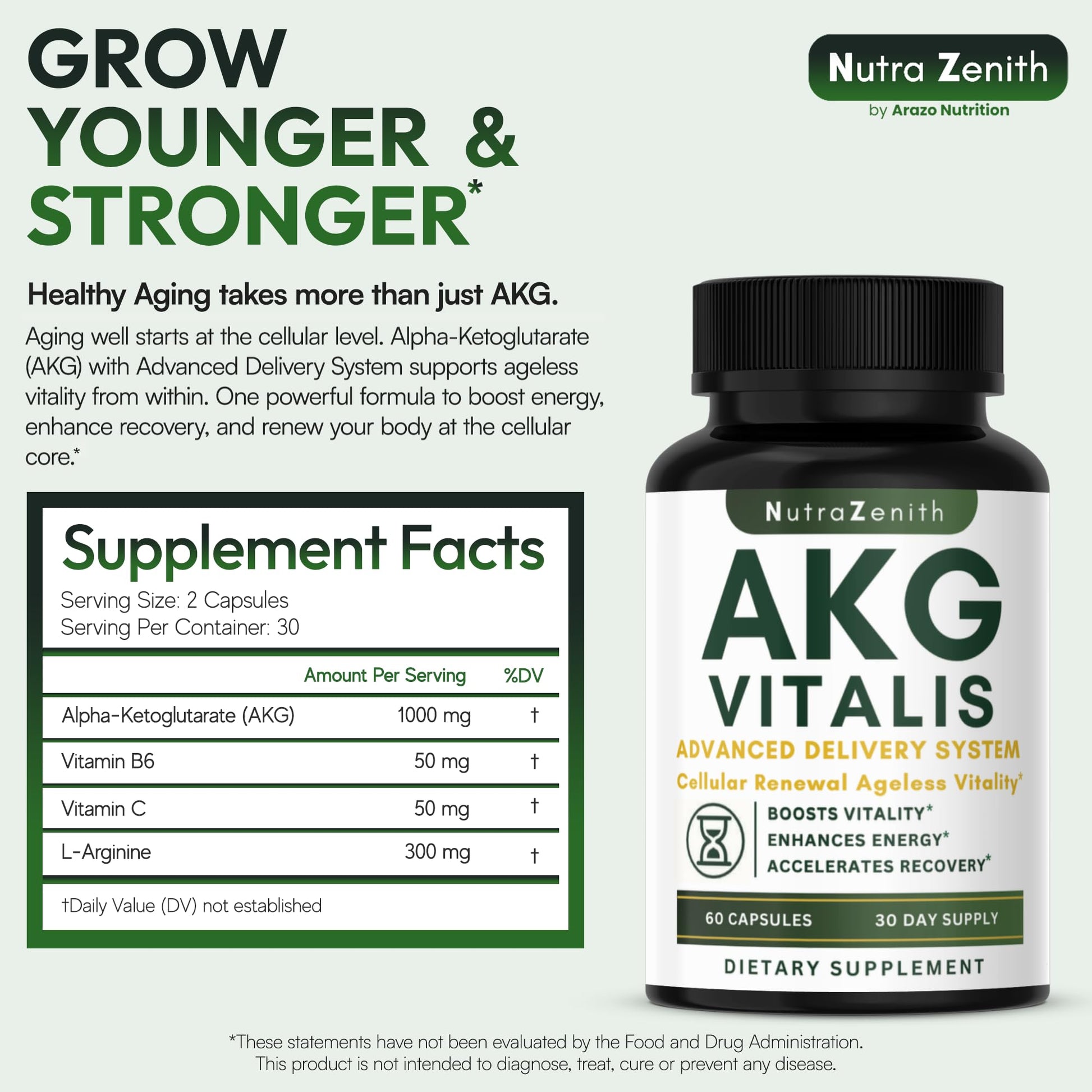 AKG Anti-Aging & Energy Boost Supplement with Vitamin B6, Vitamin C & L-Arginine – 60 Capsules for Youthful Skin, Cellular Renewal & Vitality Support Arazo Nutrition Au supplements