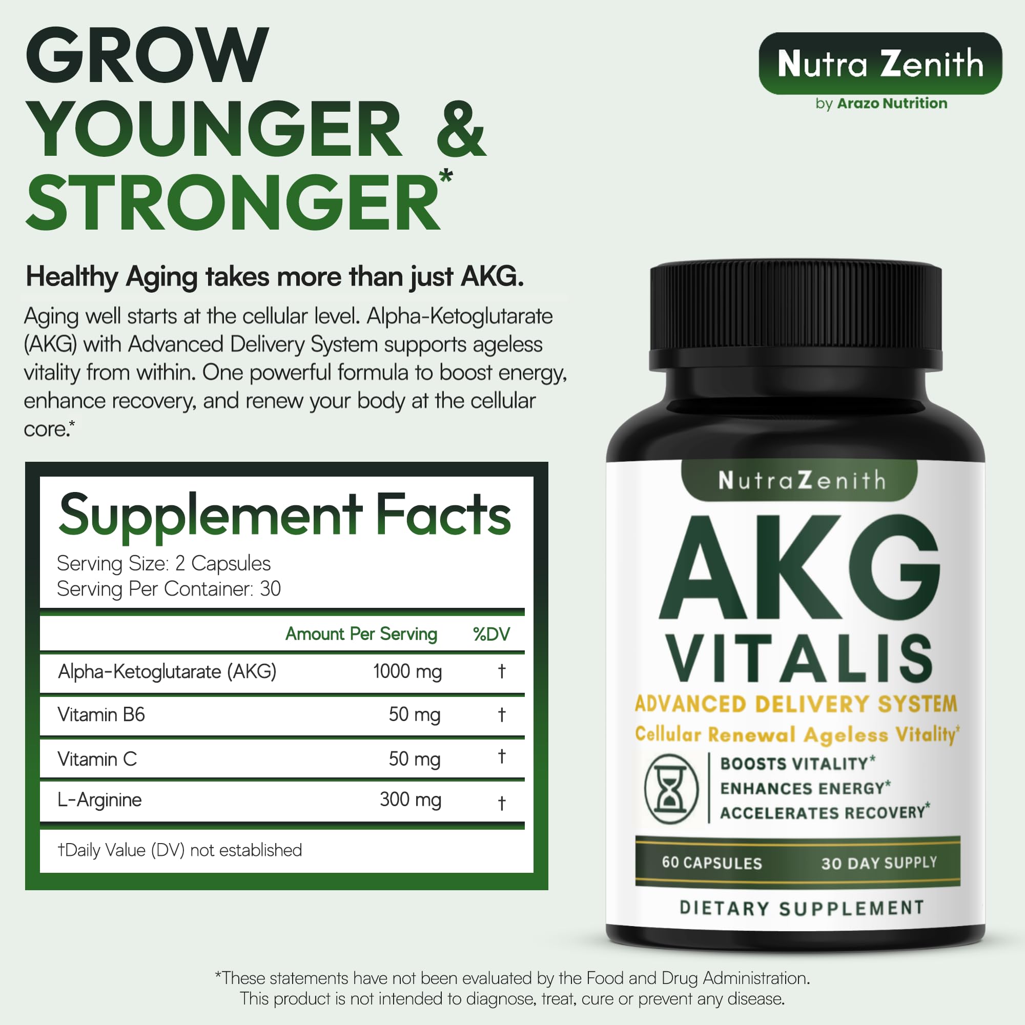 AKG Anti-Aging & Energy Boost Supplement with Vitamin B6, Vitamin C & L-Arginine – 60 Capsules for Youthful Skin, Cellular Renewal & Vitality Support Arazo Nutrition Au supplements