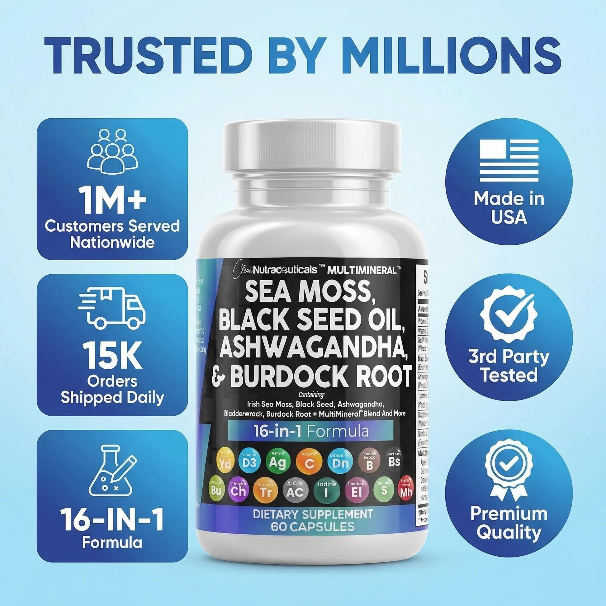 Clean Nutraceuticals Sea Moss Black Seed Oil Ashwagandha Turmeric Bladderwrack Burdock & Vitamin C Vitamin D3 with Elderberry Manuka Dandelion Yellow Dock Iodine Chlorophyll ACV Clean Nutraceuticals Au supplements