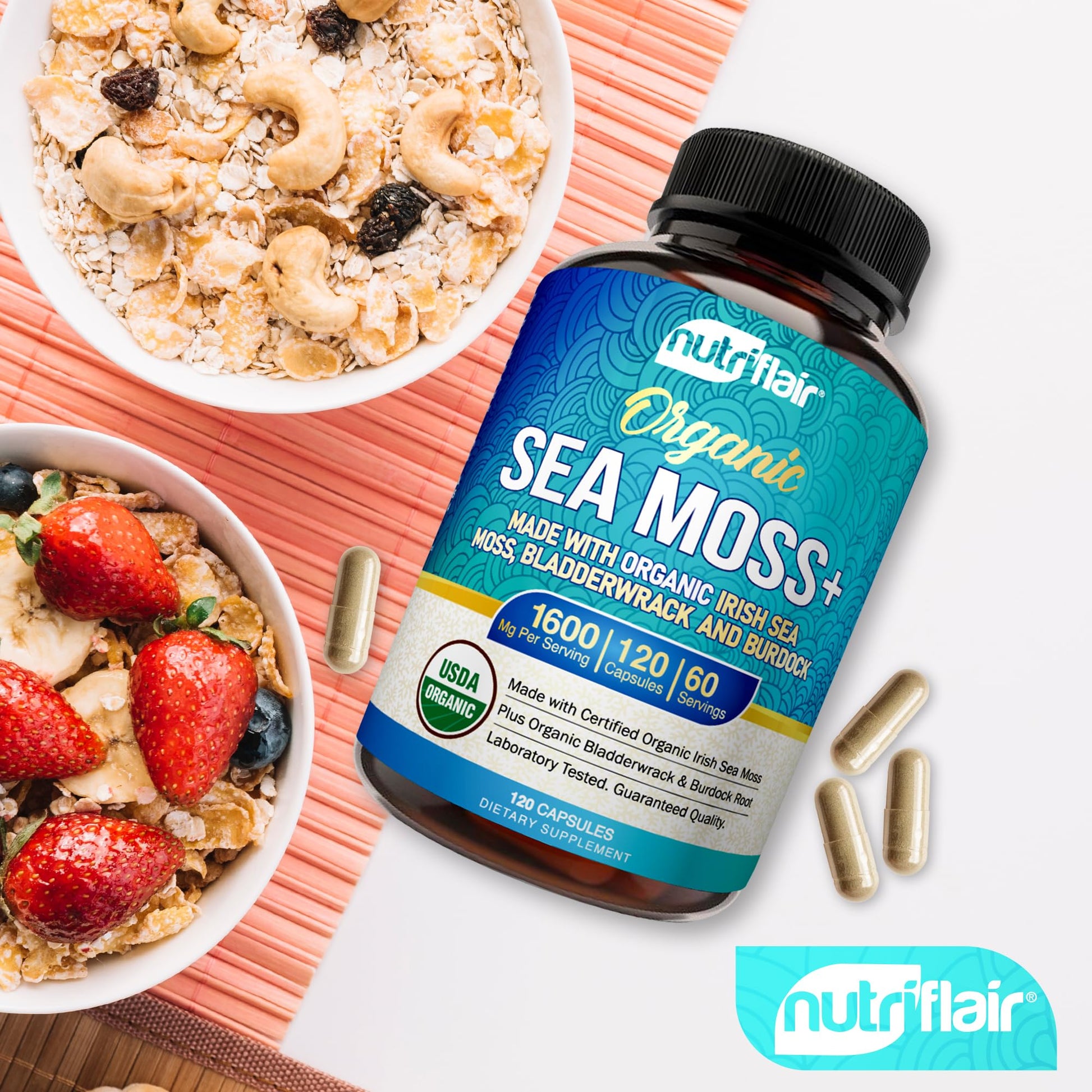 NutriFlair Organic Sea Moss 1600mg, 120 Capsules Plus Bladderwrack & Burdock - Prebiotic Super Food - Immune System & Digestive Health - Thyroid, Healthy Skin, Keto Detox, Gut NutriFlair Au supplements