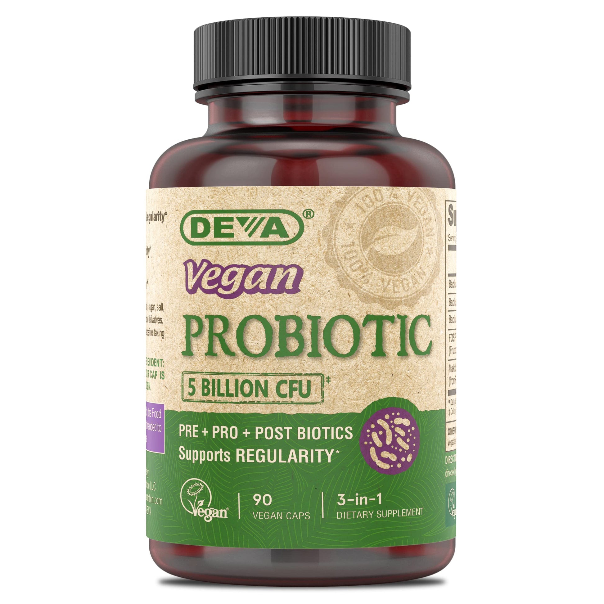 DEVA Vegan Probiotic Supplement - Pre, Pro, and Postbiotics for Digestive Health, 5 Billion CFU, Soil-Based, Spore-Forming, Dairy Free, FOS Prebiotics, for Women and Men, Vegan Capsules, 90 Count DEVA Au supplements