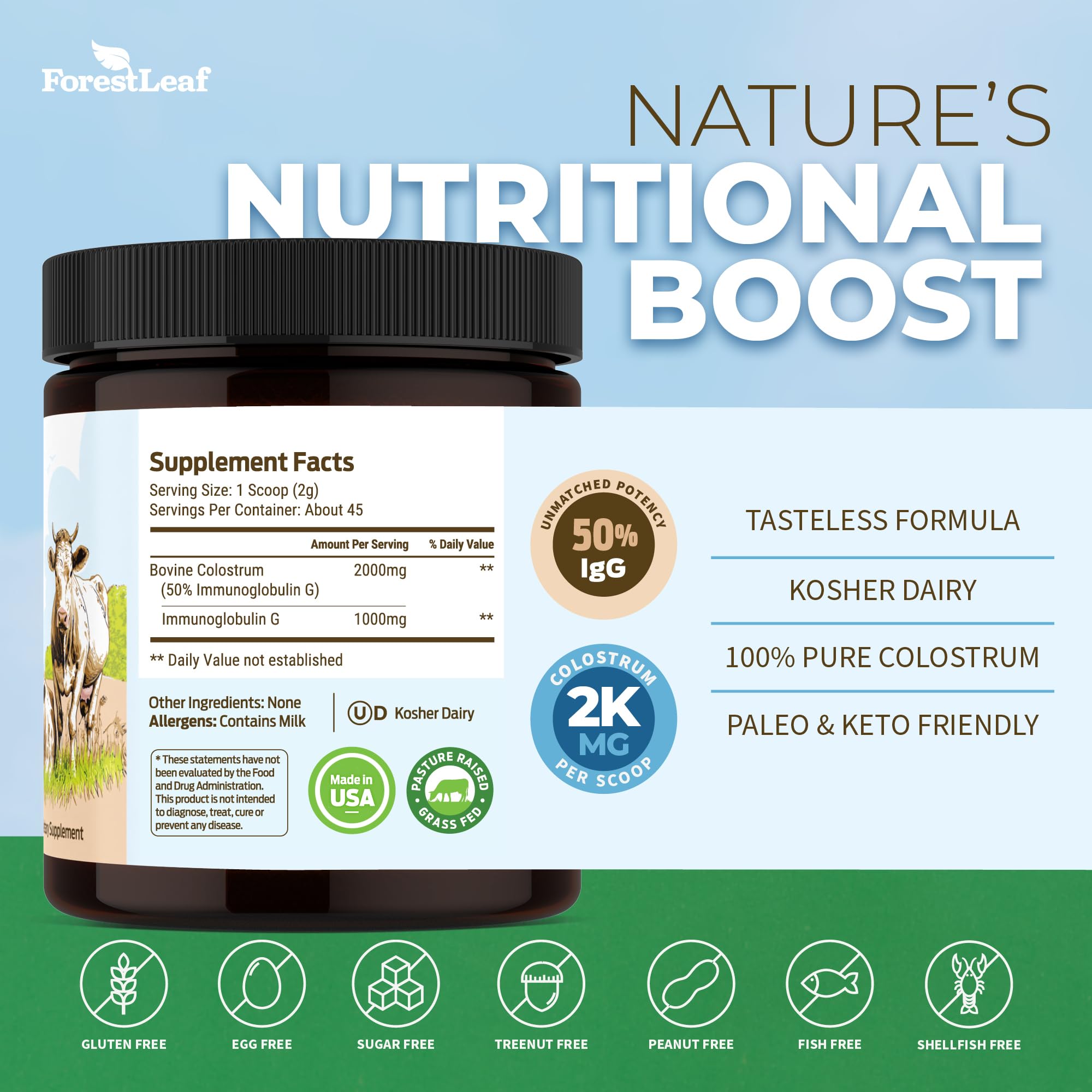 ForestLeaf Colostrum Powder 50% IgG Highest Pure Concentration, Grass Fed Colostrum Supplement for Gut Health, Immune Support and Muscle Recovery, Bovine Colostrum for Humans, Unflavored, 45 Servings ForestLeaf Au supplements