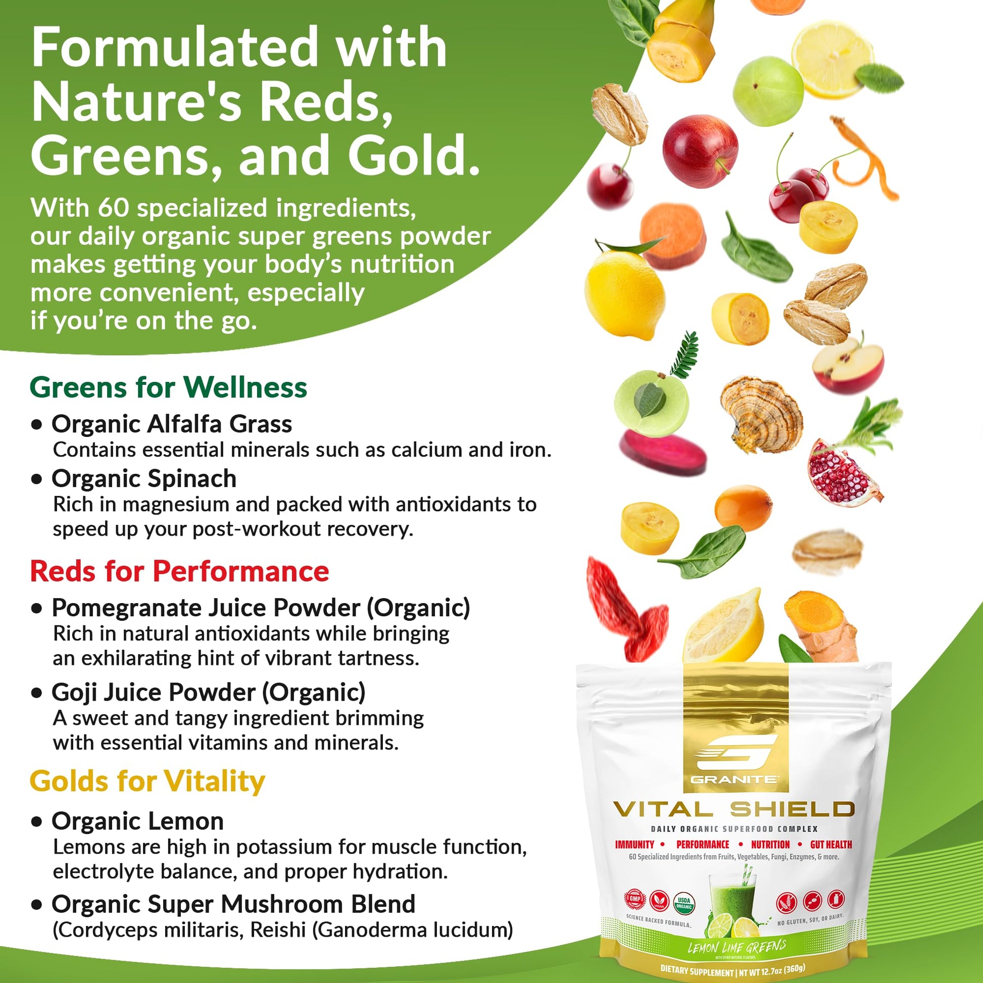 Granite Nutrition Vital Shield - USDA Organic Superfood Greens with Mushrooms & Tart Cherry – Supports Energy, Immune Function & Digestive Health – Lemon Lime Flavor (30 Servings) Granite Supplements Au supplements
