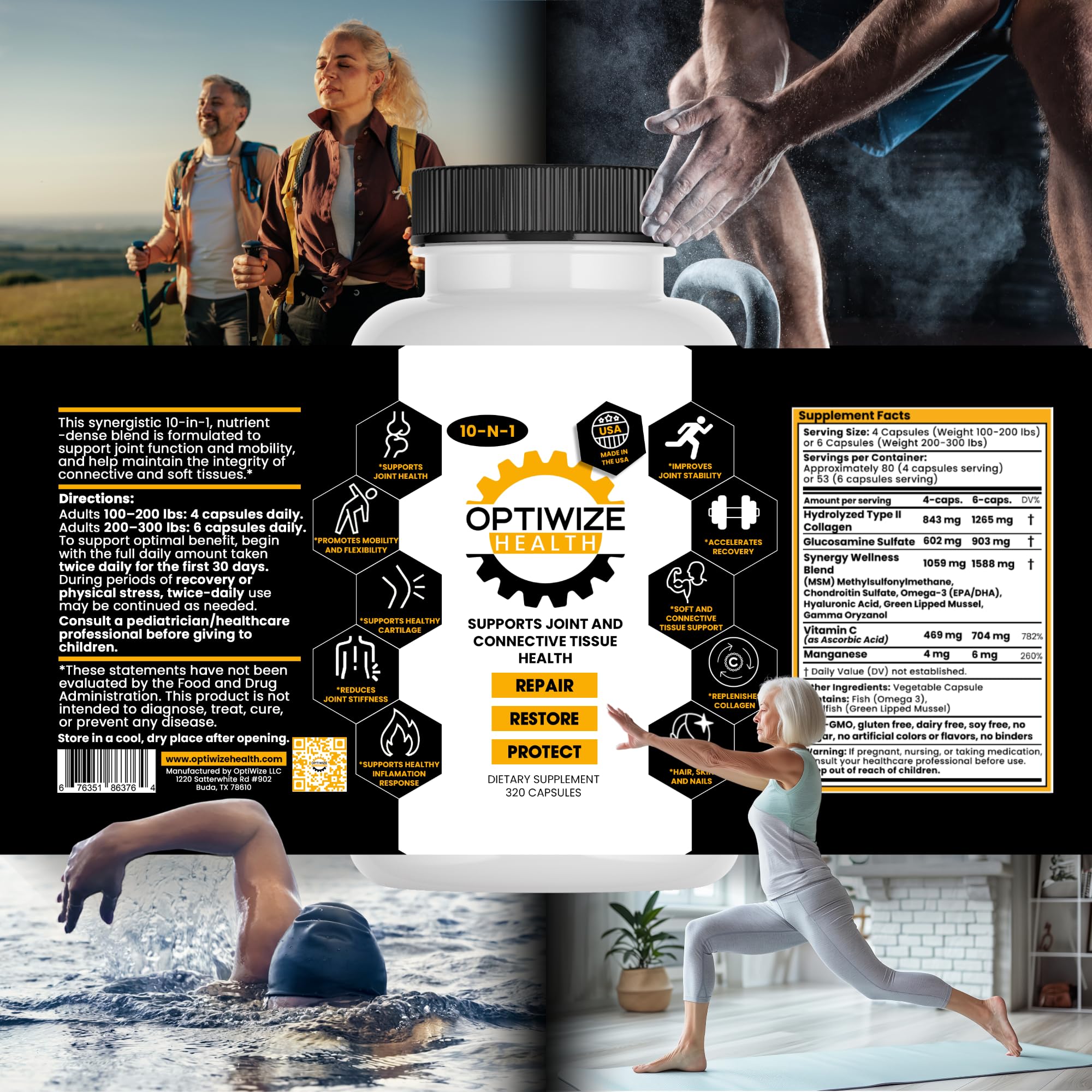 OptiWize 10-N-1 Joint Support Hydrolyzed Collagen,MSM, Hyaluronic Acid, Glucosamine,Chondroitin & More- Targets Joint Discomfort, Improves Mobility & Flexibility 320 Caps for Men & Women Made in USA OptiWize Au supplements
