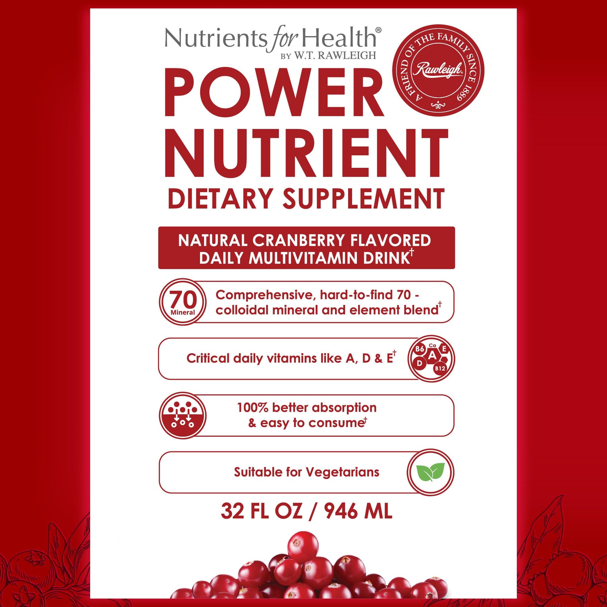 Rawleigh Power Nutrient: 32 fl oz for 1 Month - Cranberry Flavor, Daily Multivitamin Liquid Supplement for Men, Women with VIT. A - zinc & 70 Colloidal Trace Minerals, Vegetarian-Friendly, GMO Free Rawleigh Au supplements