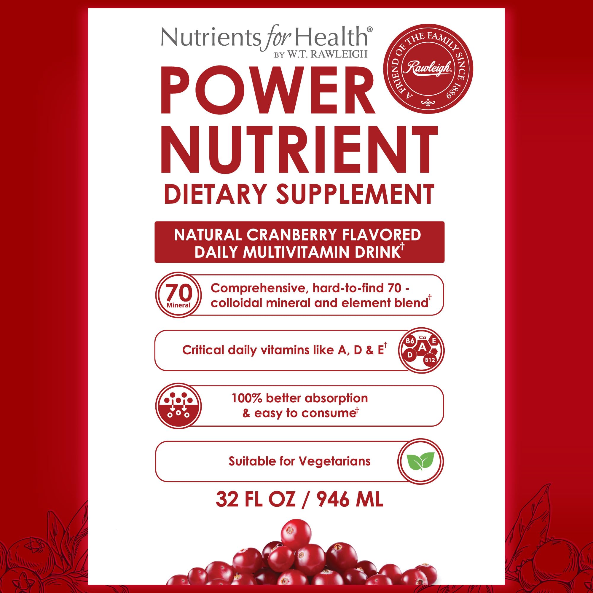 Rawleigh Power Nutrient: 32 fl oz for 1 Month - Cranberry Flavor, Daily Multivitamin Liquid Supplement for Men, Women with VIT. A - zinc & 70 Colloidal Trace Minerals, Vegetarian-Friendly, GMO Free Rawleigh Au supplements