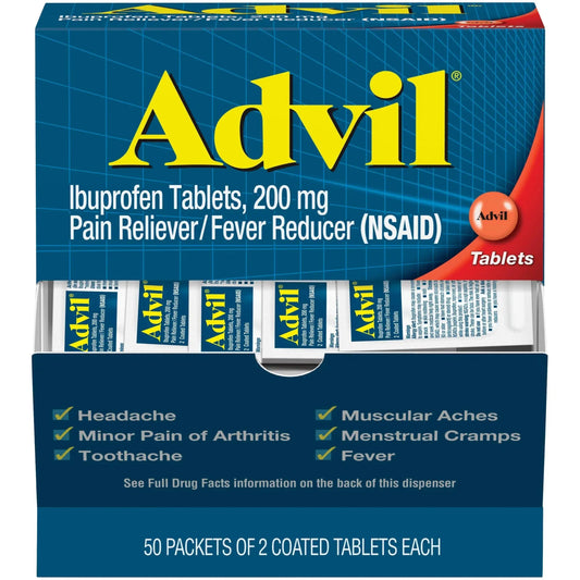 Advil Pain Reliever and Fever Reducer, Pain Relief Medicine with Ibuprofen 200mg for Headache, Backache, Menstrual Pain and Joint Pain Relief - 50x2 Coated Tablets AdvilAu supplements