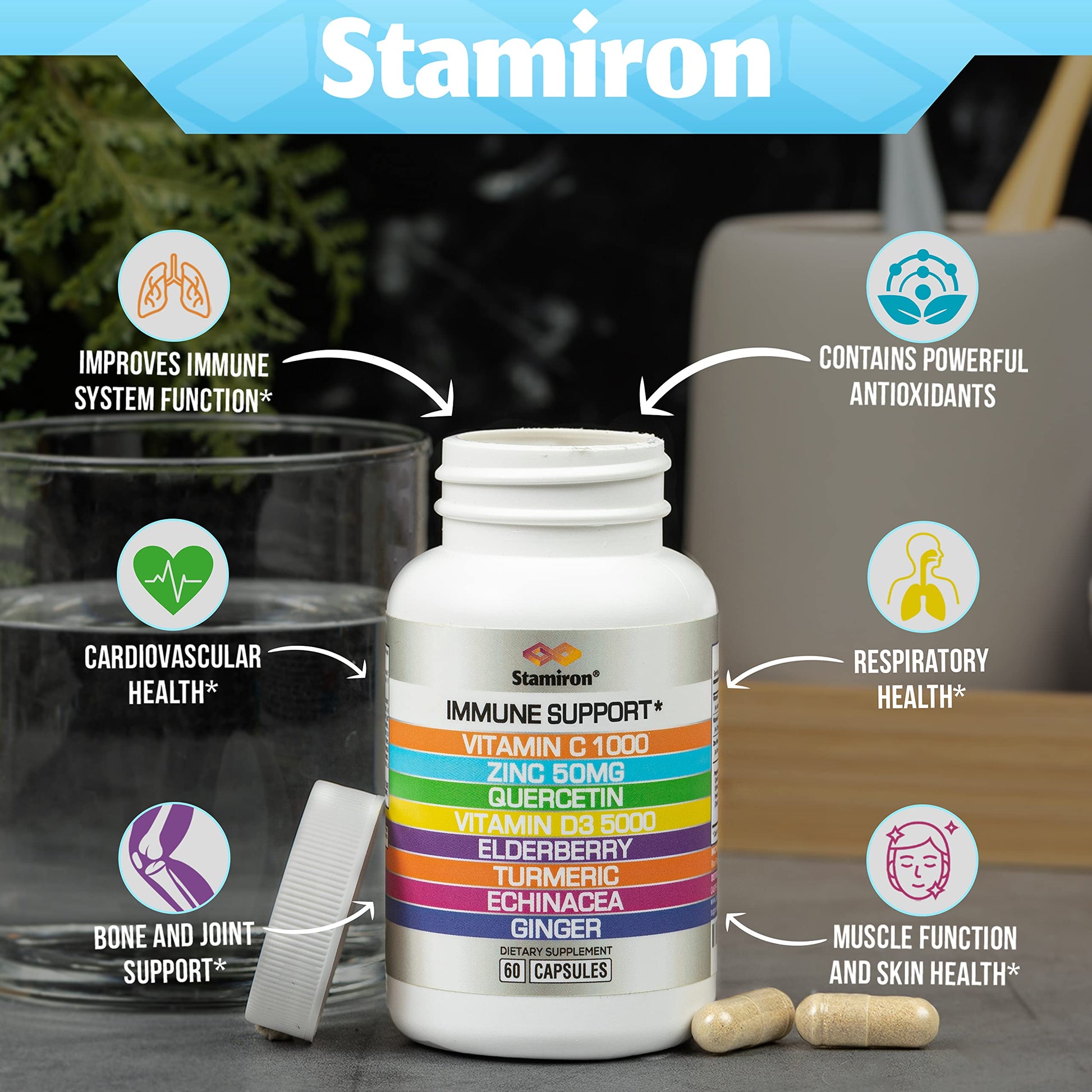 8 in 1 Immune Support with Quercetin Zinc 50mg Vitamin C 1000mg Vitamin D3 5000 IU and Elderberry Echinacea Ginger for Adults Kids - VIT D Supplement Veg Capsules Stamiron Au supplements